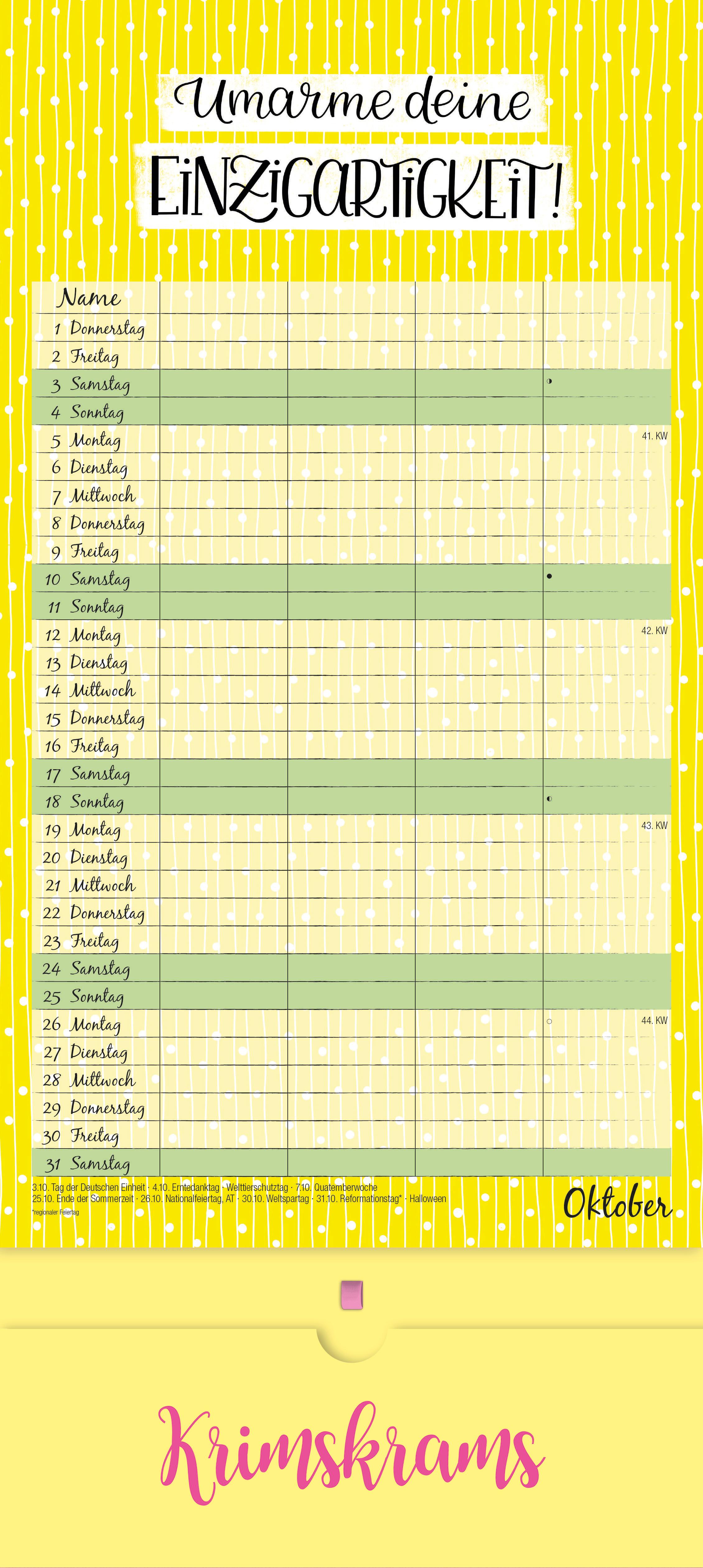 Beispielinhalt (Bild) Familienplaner Krimskrams mit Tasche 2026 - 4 Spalten - Familienkalender 22x49 cm - mit Ferienterminen - Stundenplänen - Wandkalender - Wandplaner