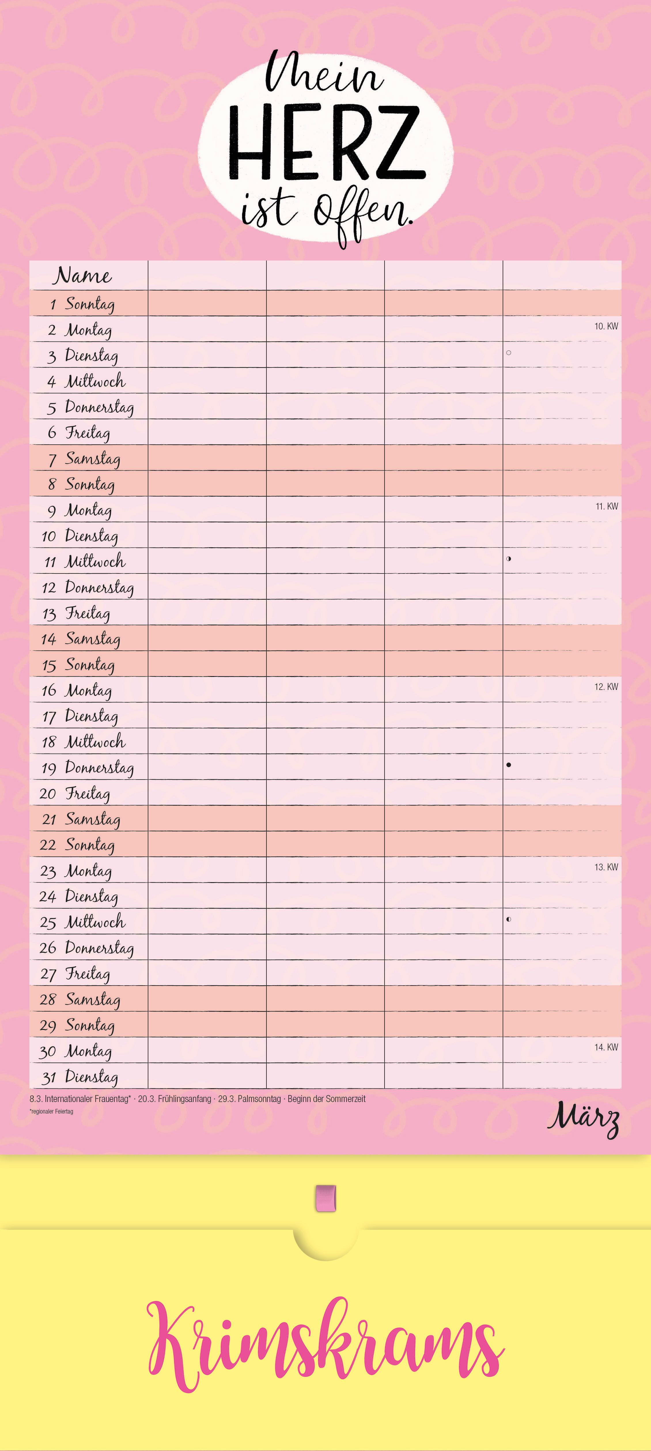 Beispielinhalt (Bild) Familienplaner Krimskrams mit Tasche 2026 - 4 Spalten - Familienkalender 22x49 cm - mit Ferienterminen - Stundenplänen - Wandkalender - Wandplaner