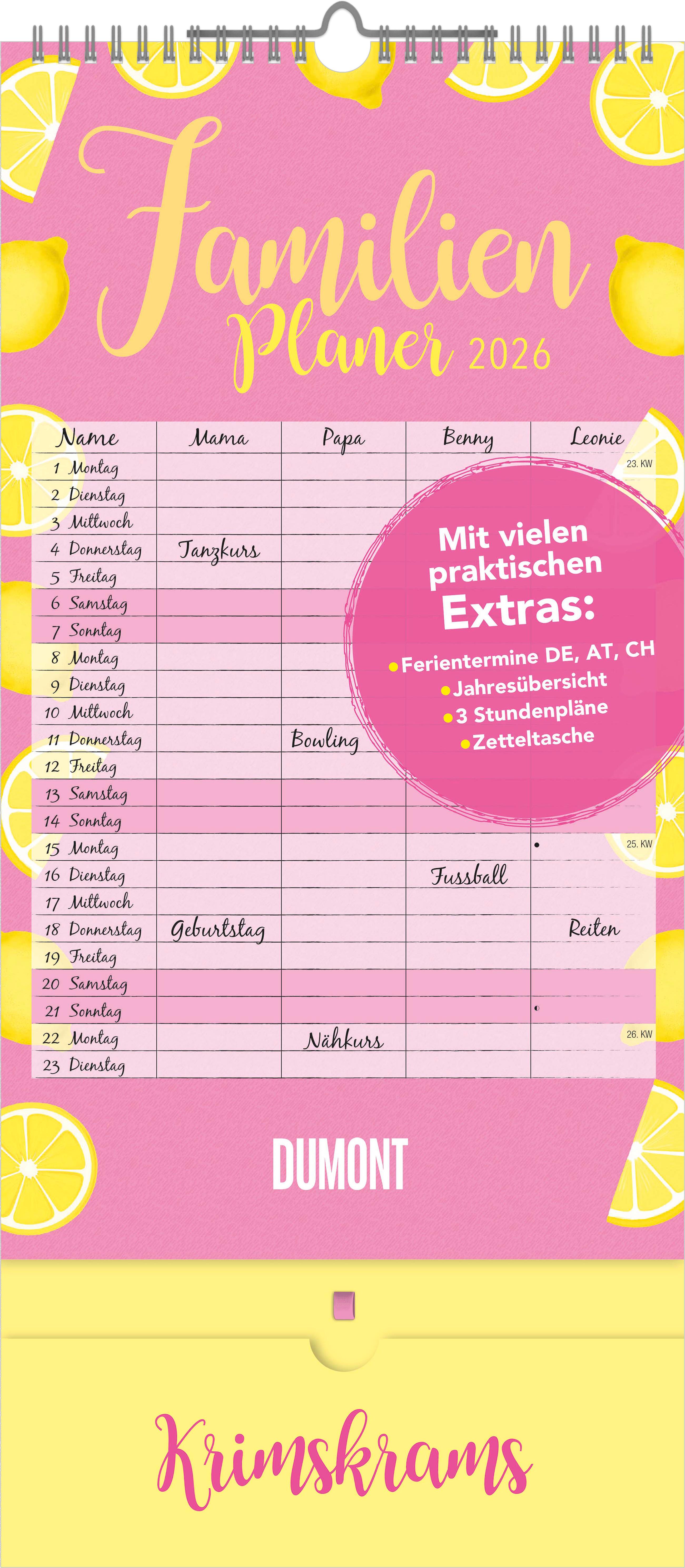 Vorderes Coverbild Familienplaner Krimskrams mit Tasche 2026 - 4 Spalten - Familienkalender 22x49 cm - mit Ferienterminen - Stundenplänen - Wandkalender - Wandplaner