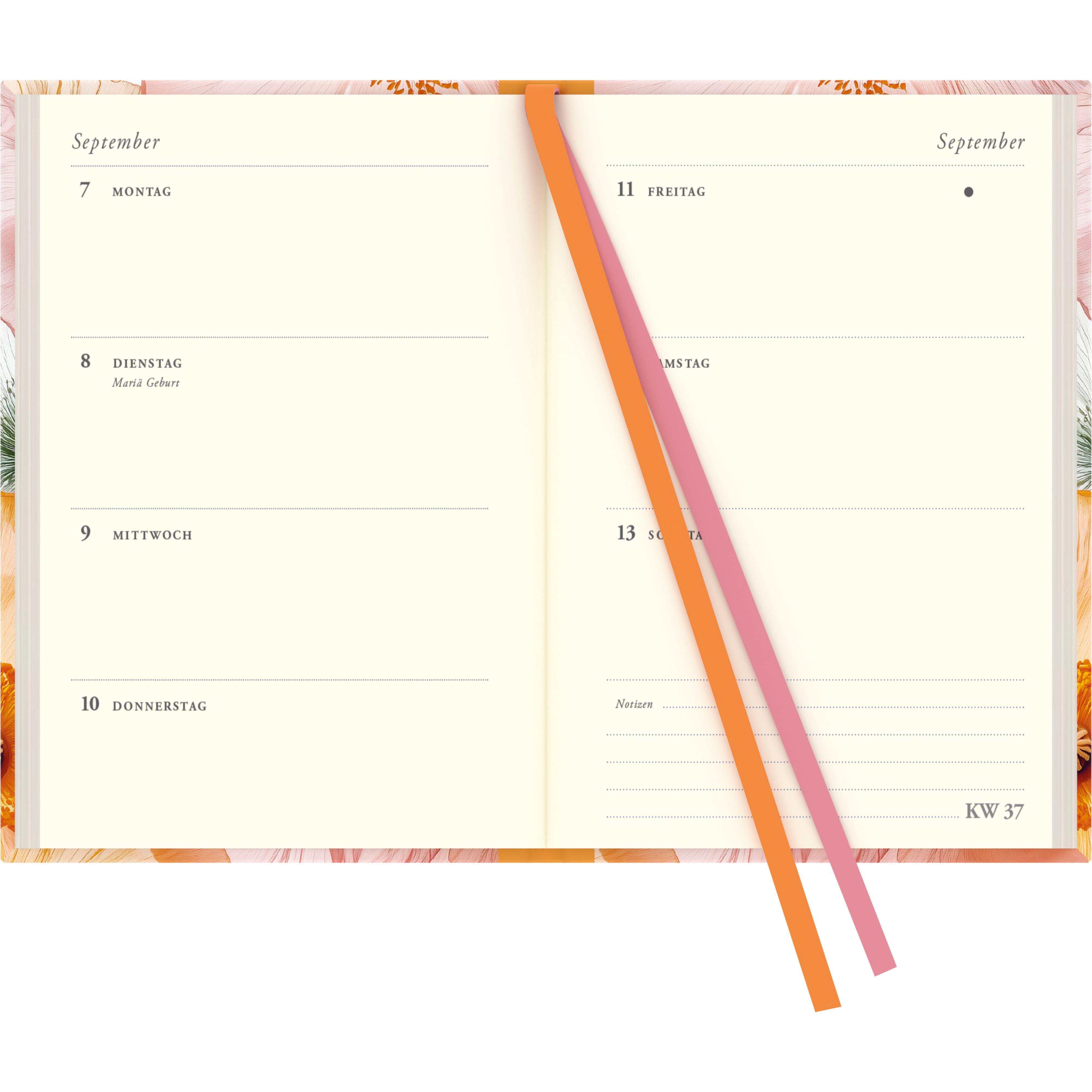 Beispielinhalt (Bild) Bright Flowers Taschenkalender 2026 - Blumen-Design - Terminplaner mit Wochenkalendarium - Format 11,3 x 16,3 cm