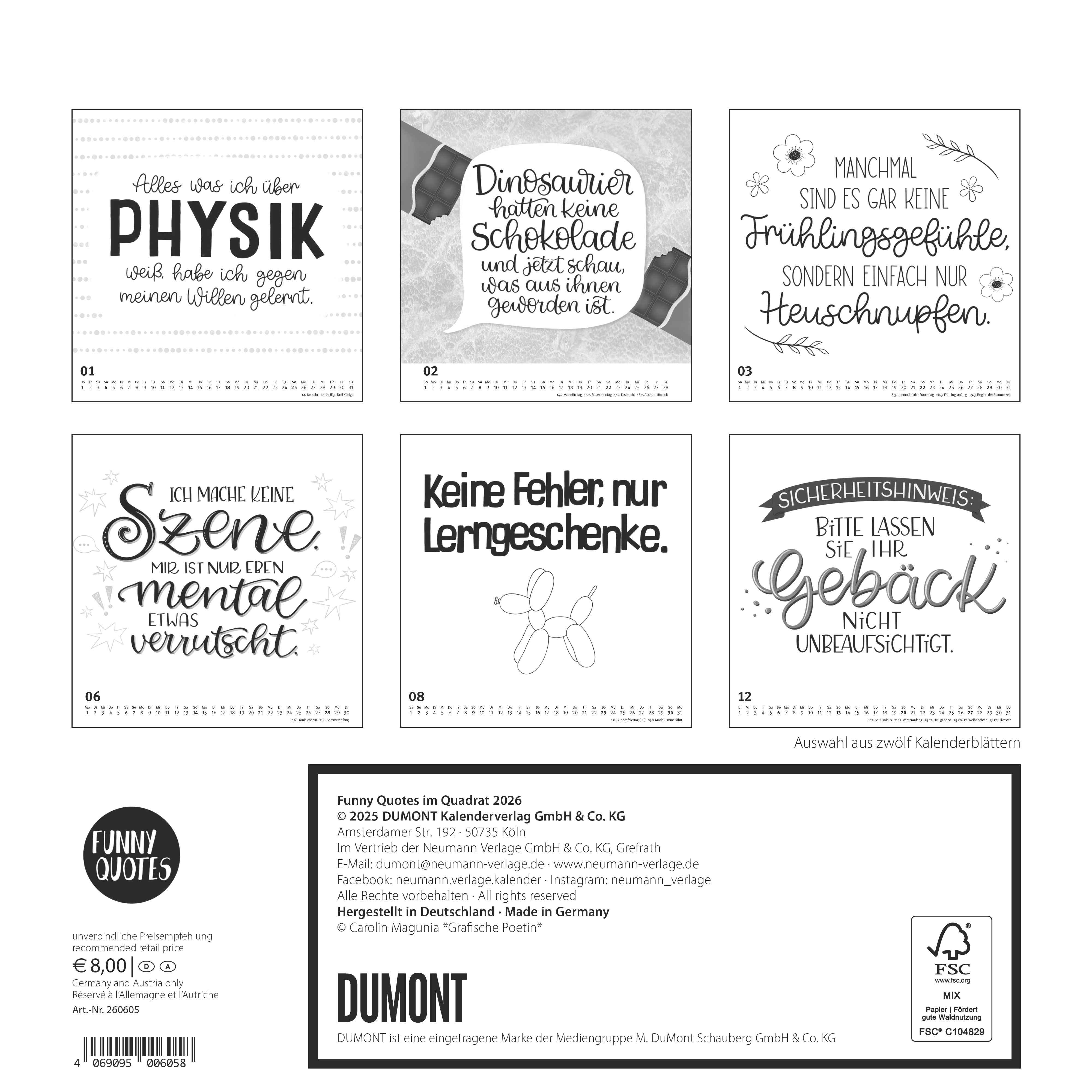 Beispielinhalt (Bild) Funny Quotes Quadrat 2026 - Typo-Kalender - Quadrat-Format 23 x 23 cm - 12 Monatsblätter mit typografisch