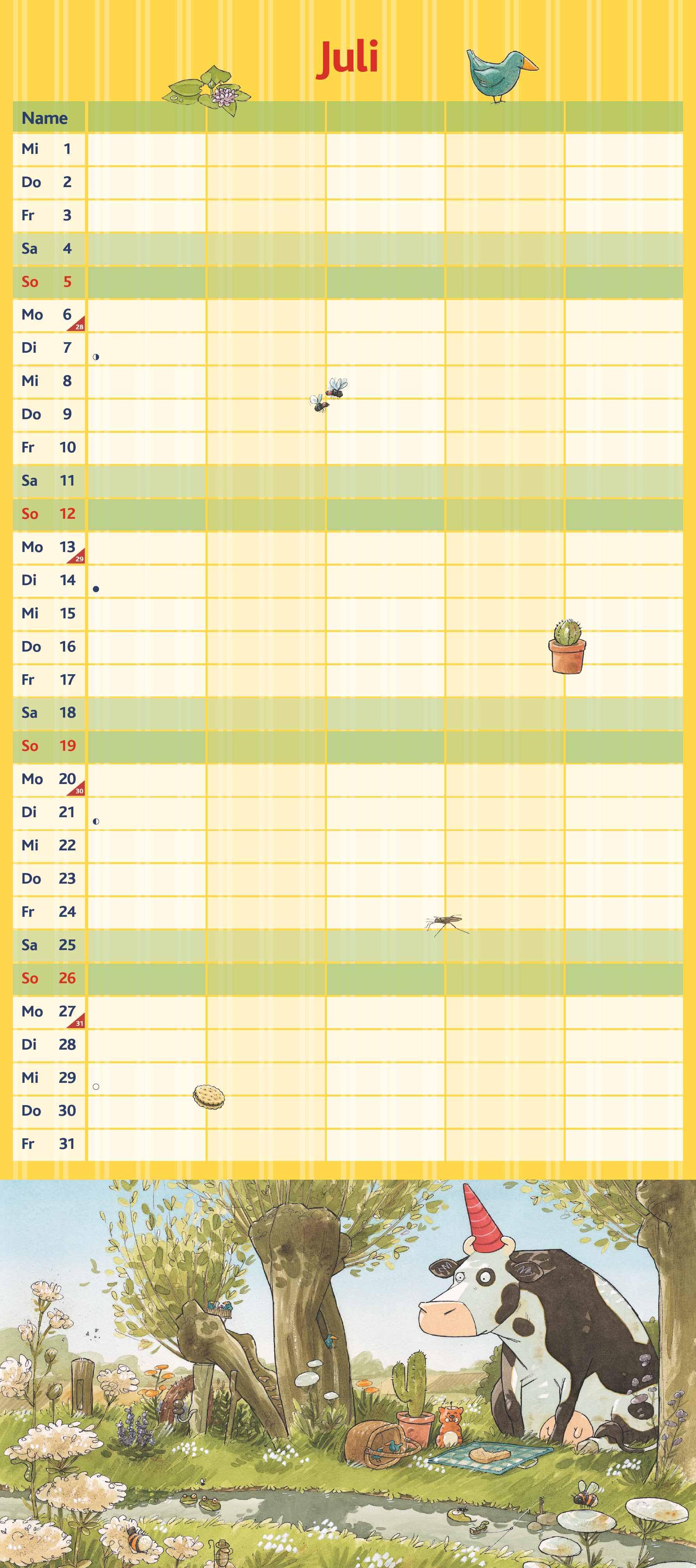 Beispielinhalt (Bild) Die Kuh Lieselotte Familienkalender 2026 - Von Alexander Steffenmeier - Familienplaner mit 5 Spalten - Format 22 x 49,5 cm