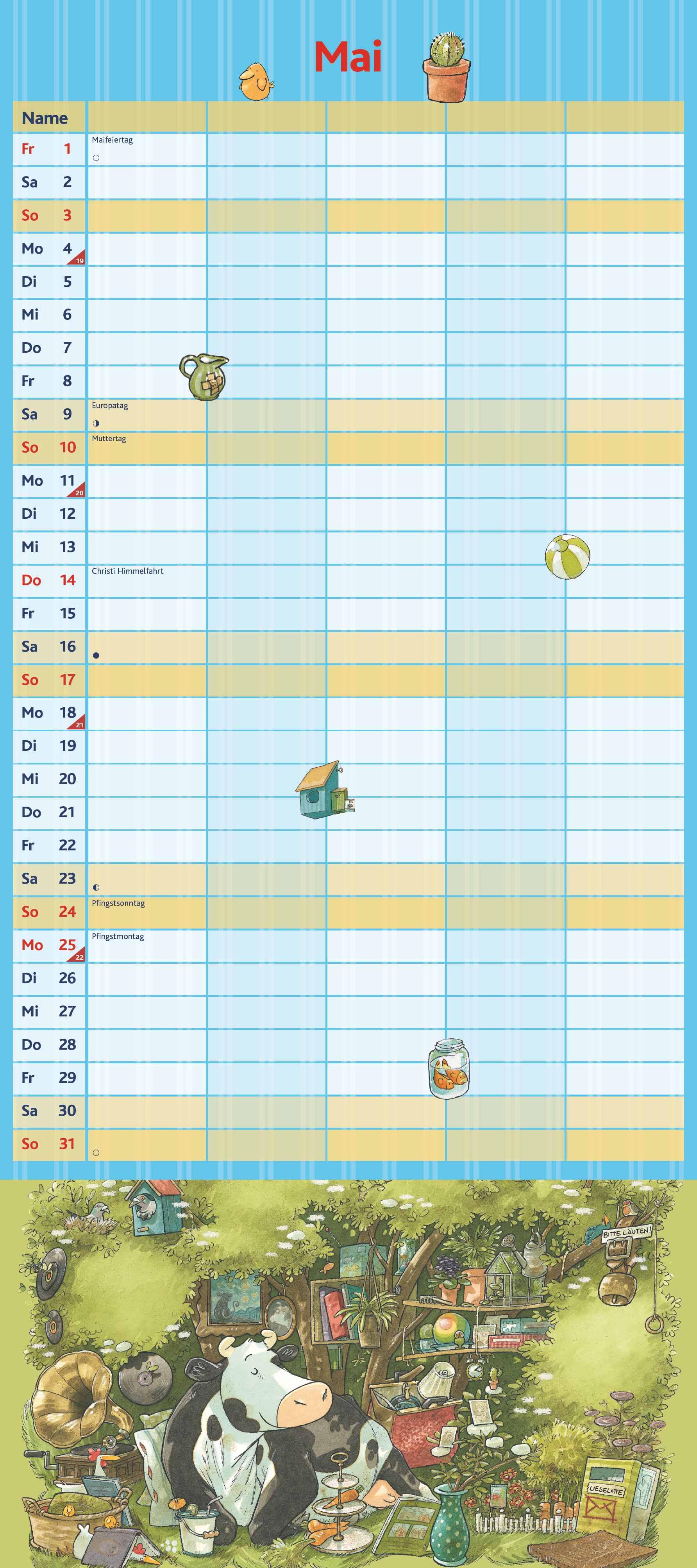 Beispielinhalt (Bild) Die Kuh Lieselotte Familienkalender 2026 - Von Alexander Steffenmeier - Familienplaner mit 5 Spalten - Format 22 x 49,5 cm
