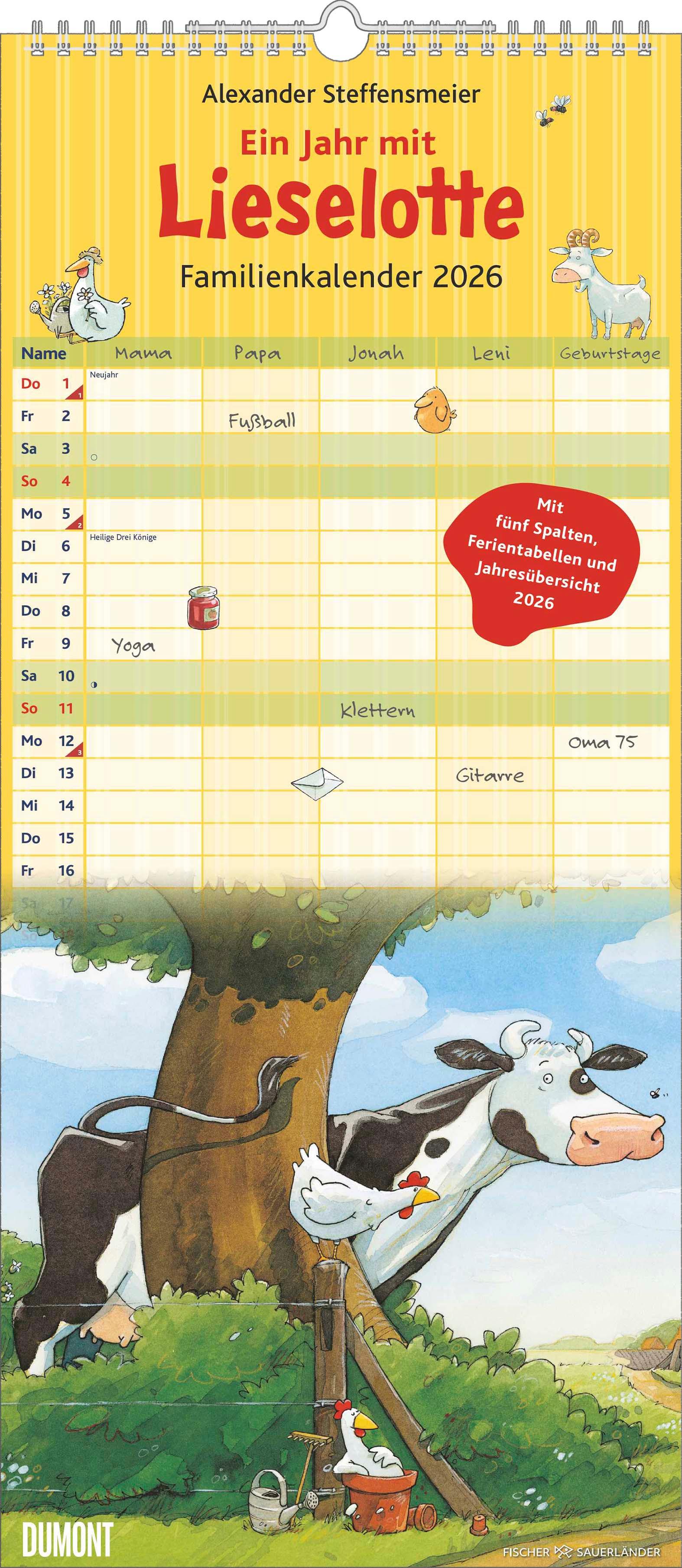 Vorderes Coverbild Die Kuh Lieselotte Familienkalender 2026 - Von Alexander Steffenmeier - Familienplaner mit 5 Spalten - Format 22 x 49,5 cm