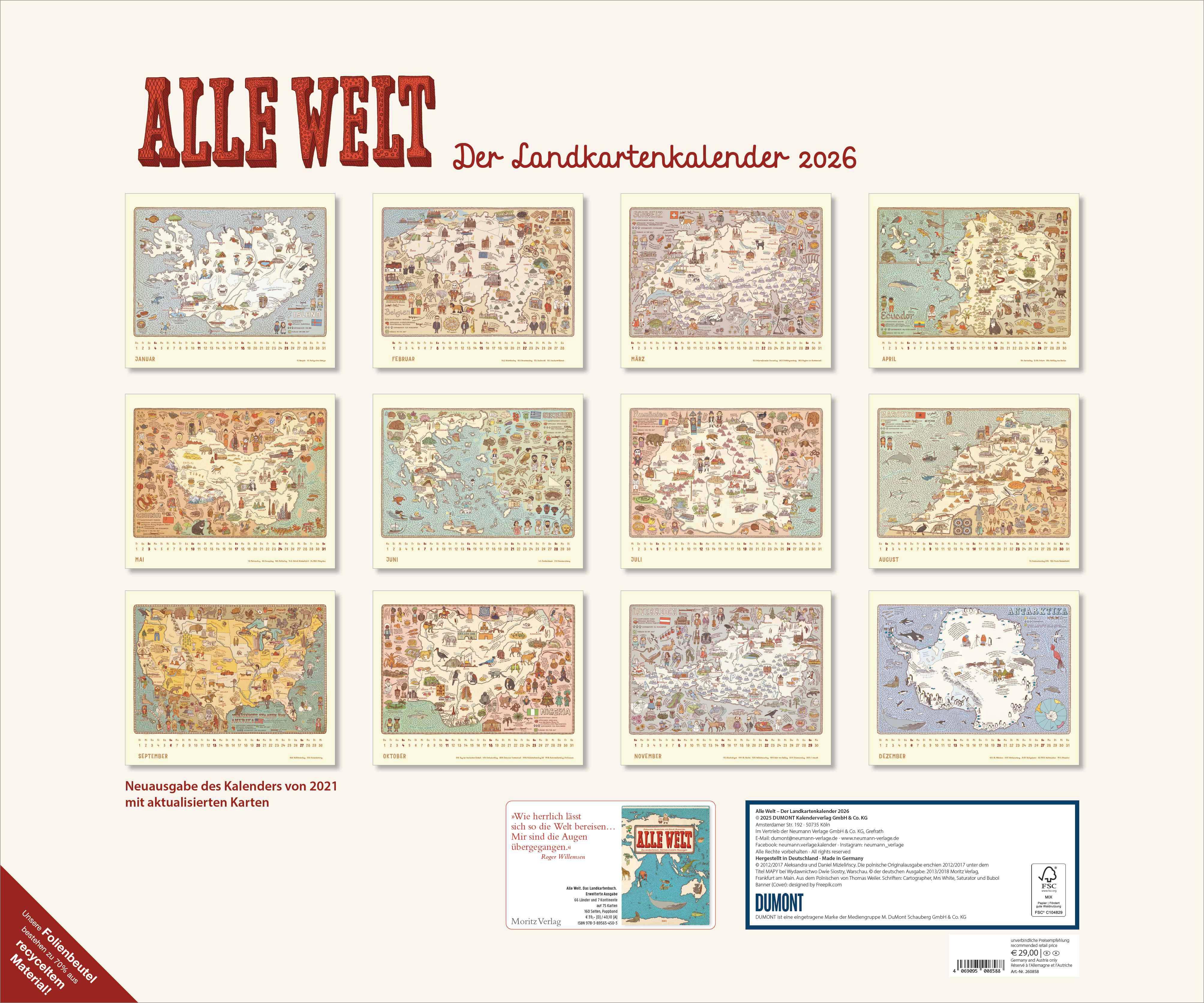 Beispielinhalt (Bild) Alle Welt 2026 - Landkarten-Kalender von DUMONT- Kinder-Kalender -Querformat 60 x 50 cm