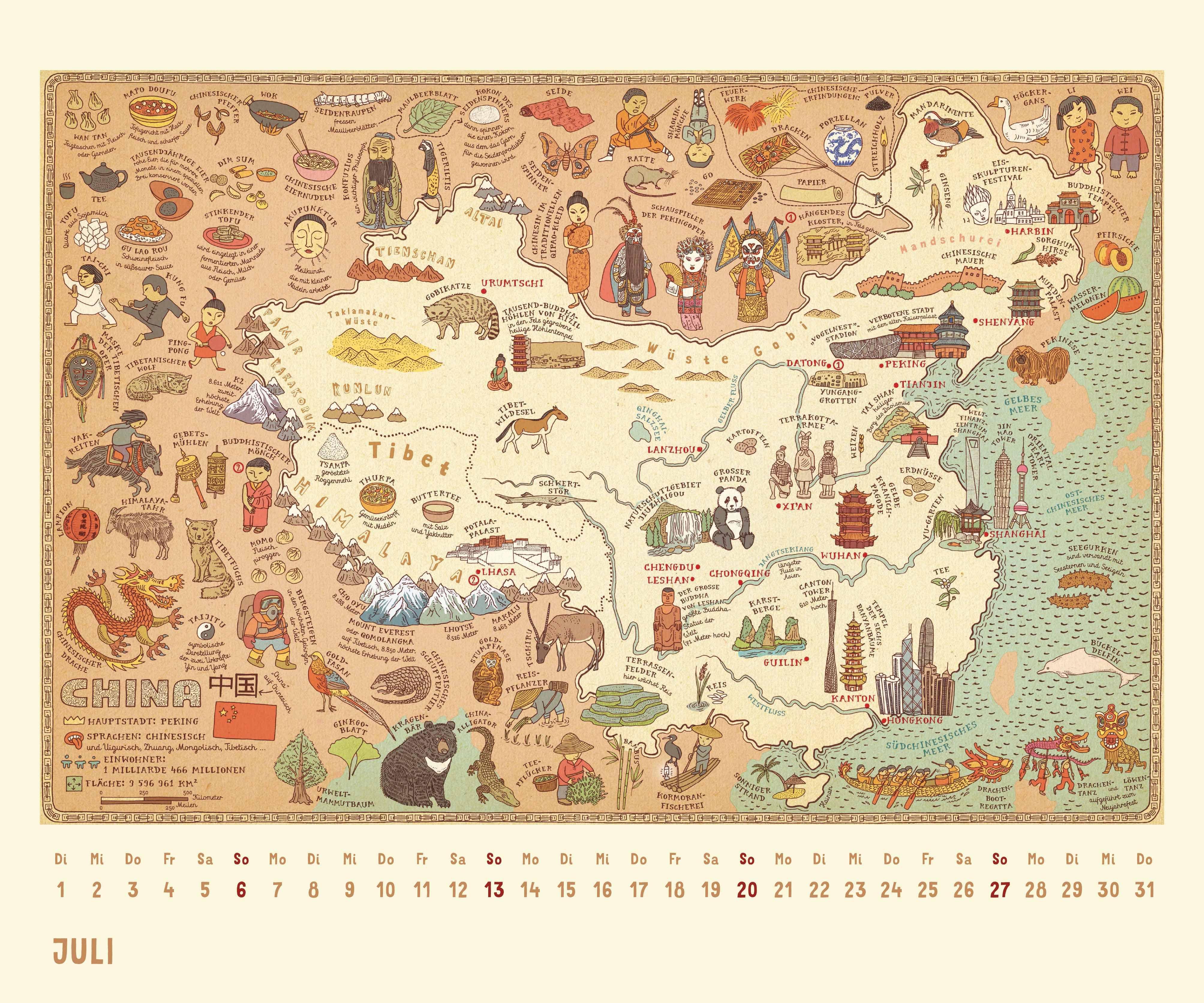 Beispielinhalt (Bild) Alle Welt 2026 - Landkarten-Kalender von DUMONT- Kinder-Kalender -Querformat 60 x 50 cm
