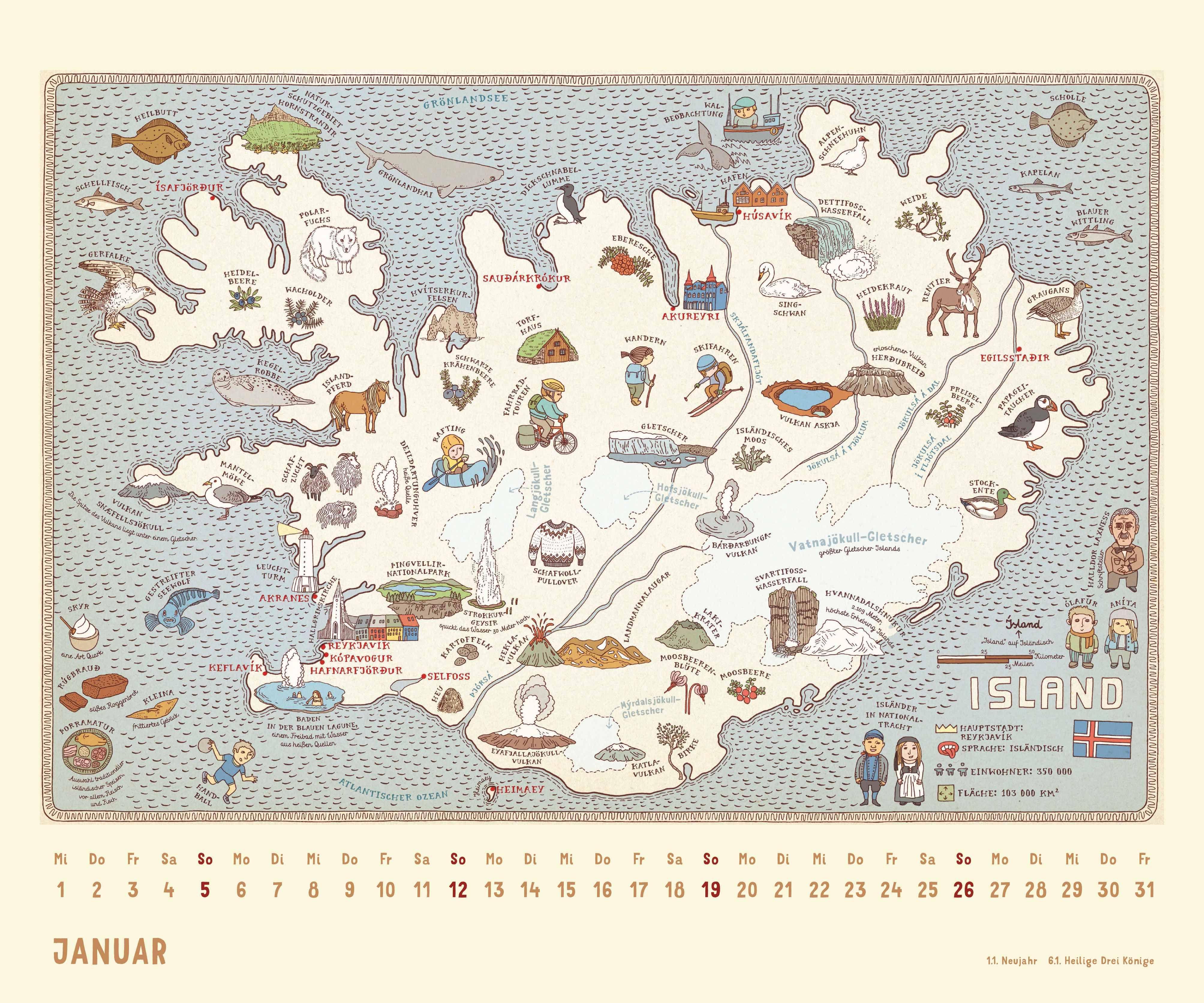 Beispielinhalt (Bild) Alle Welt 2026 - Landkarten-Kalender von DUMONT- Kinder-Kalender -Querformat 60 x 50 cm