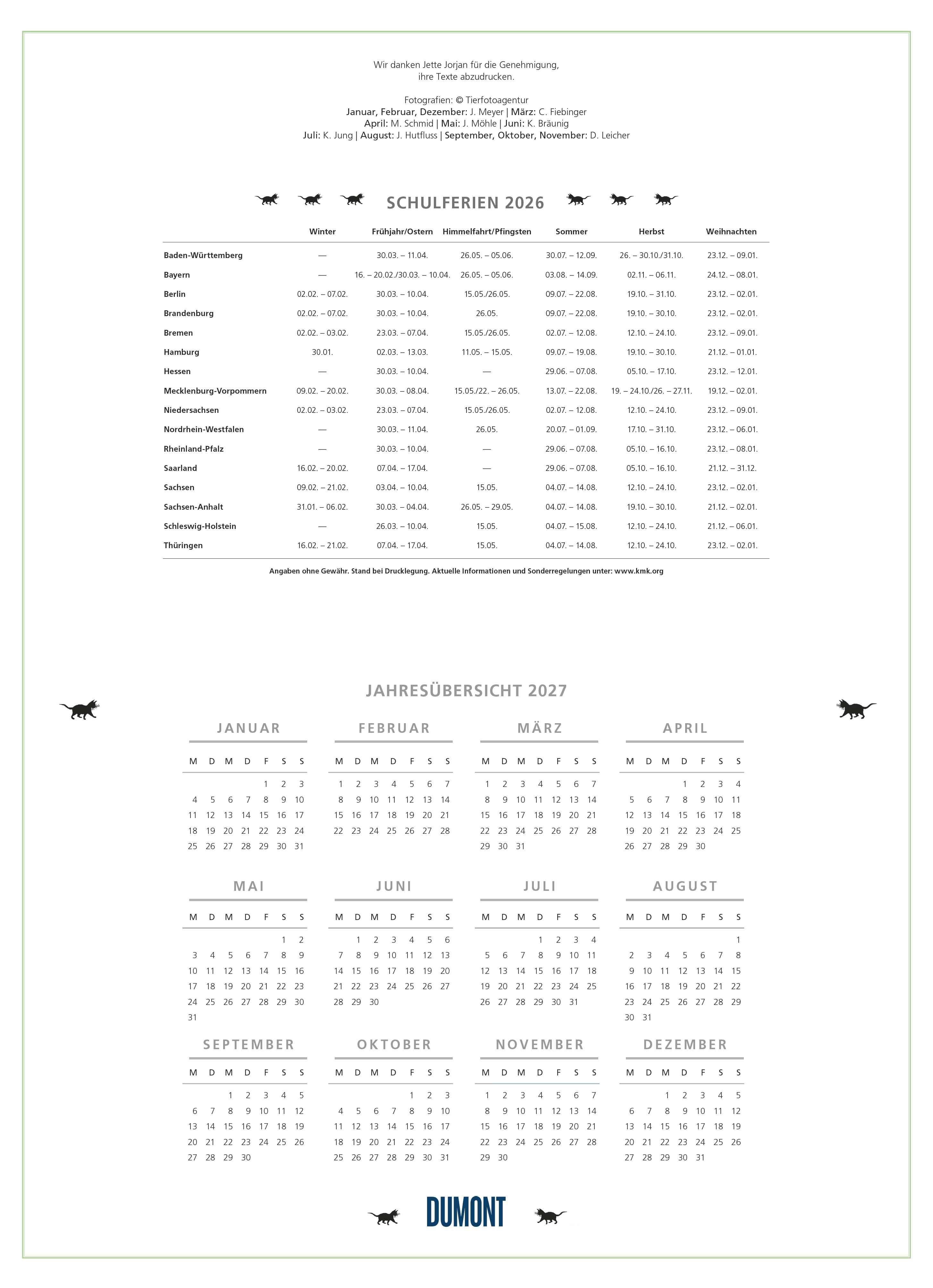 Beispielinhalt (Bild) DUMONTS Katzenkalender 2026 - Broschürenkalender - Wandkalender - mit Schulferienterminen - Format 42 x 29 cm