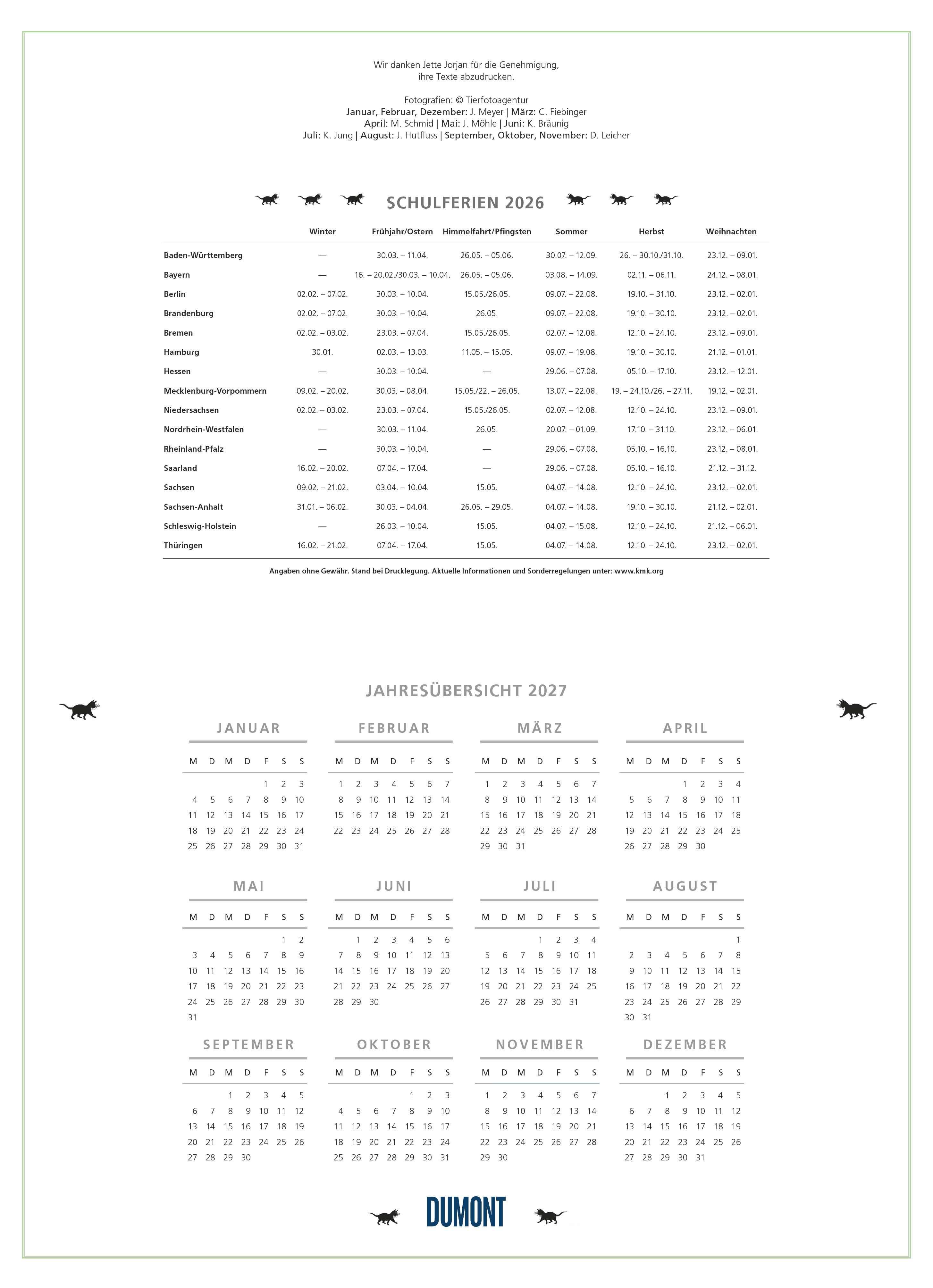 Beispielinhalt (Bild) DUMONTS Katzenkalender 2026 - Broschürenkalender - Wandkalender - mit Schulferienterminen - Format 42 x 29 cm