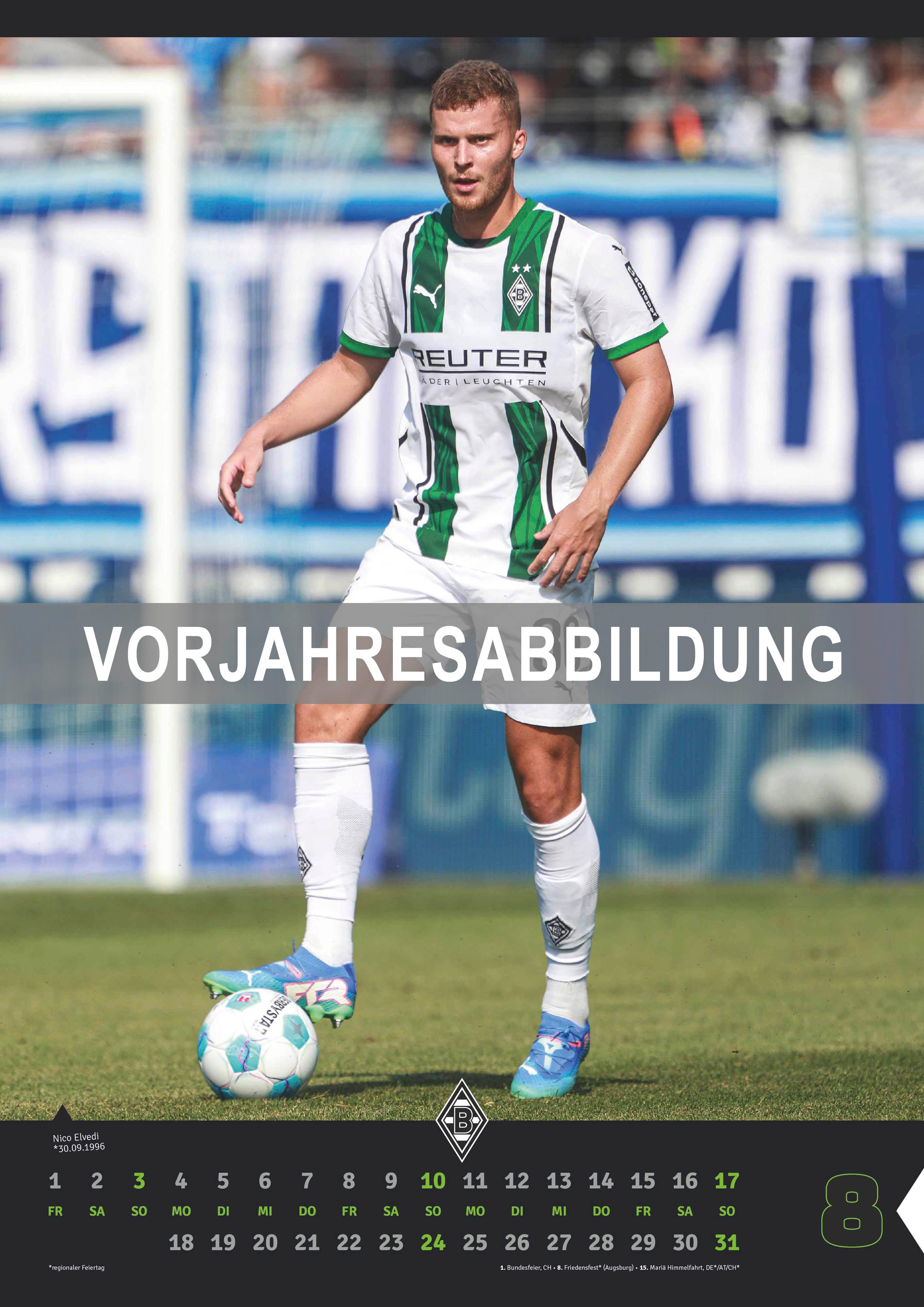 Beispielinhalt (Bild) Borussia Mönchengladbach 2026 - Fußball-Kalender - Wand-Kalender - Fan-Kalender - 29,7x42 - Sport