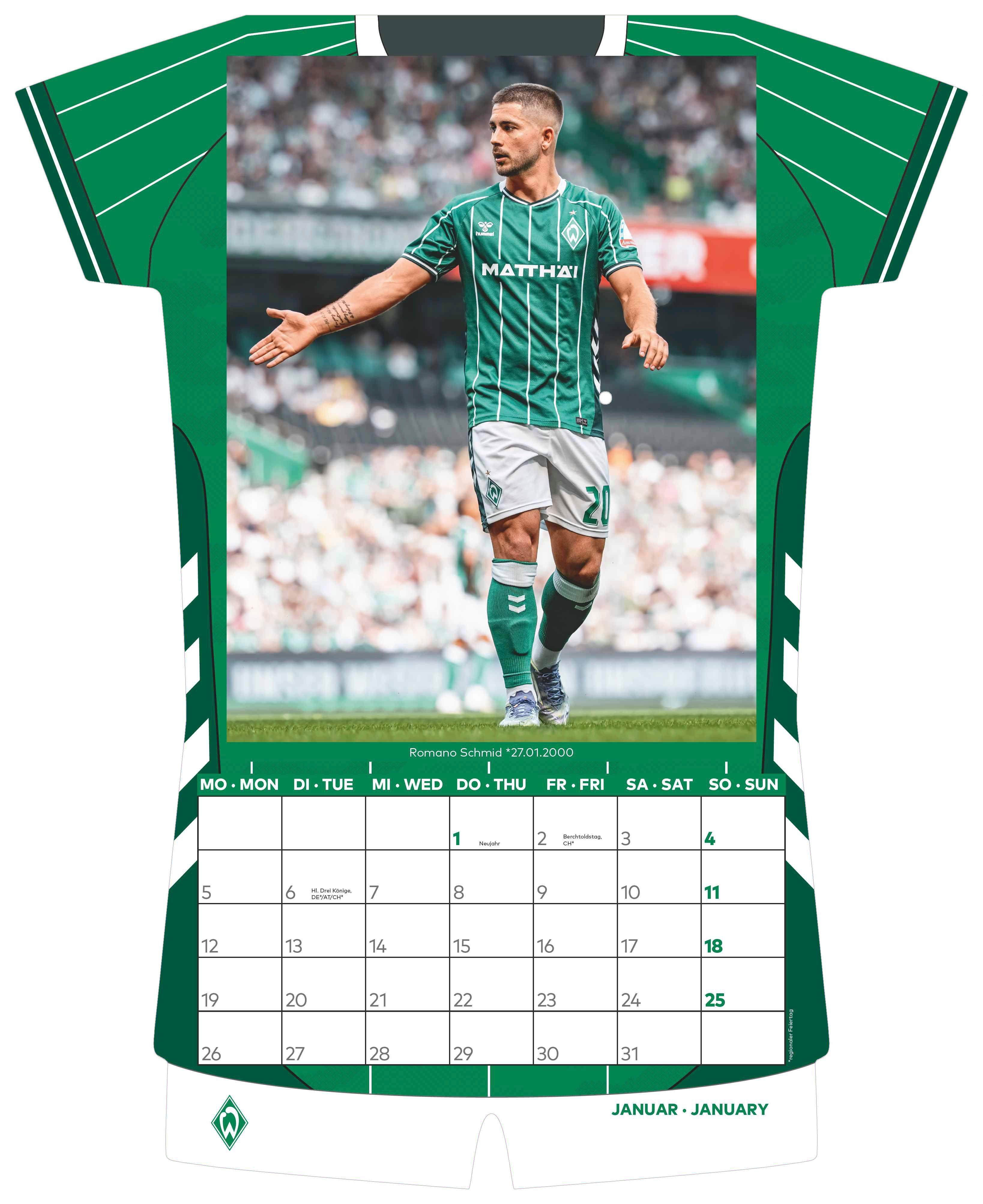 Beispielinhalt (Bild) Werder Bremen 2026 - Trikotkalender - Fan-Kalender - Fußball-Kalender - 34,1x42 - Sport