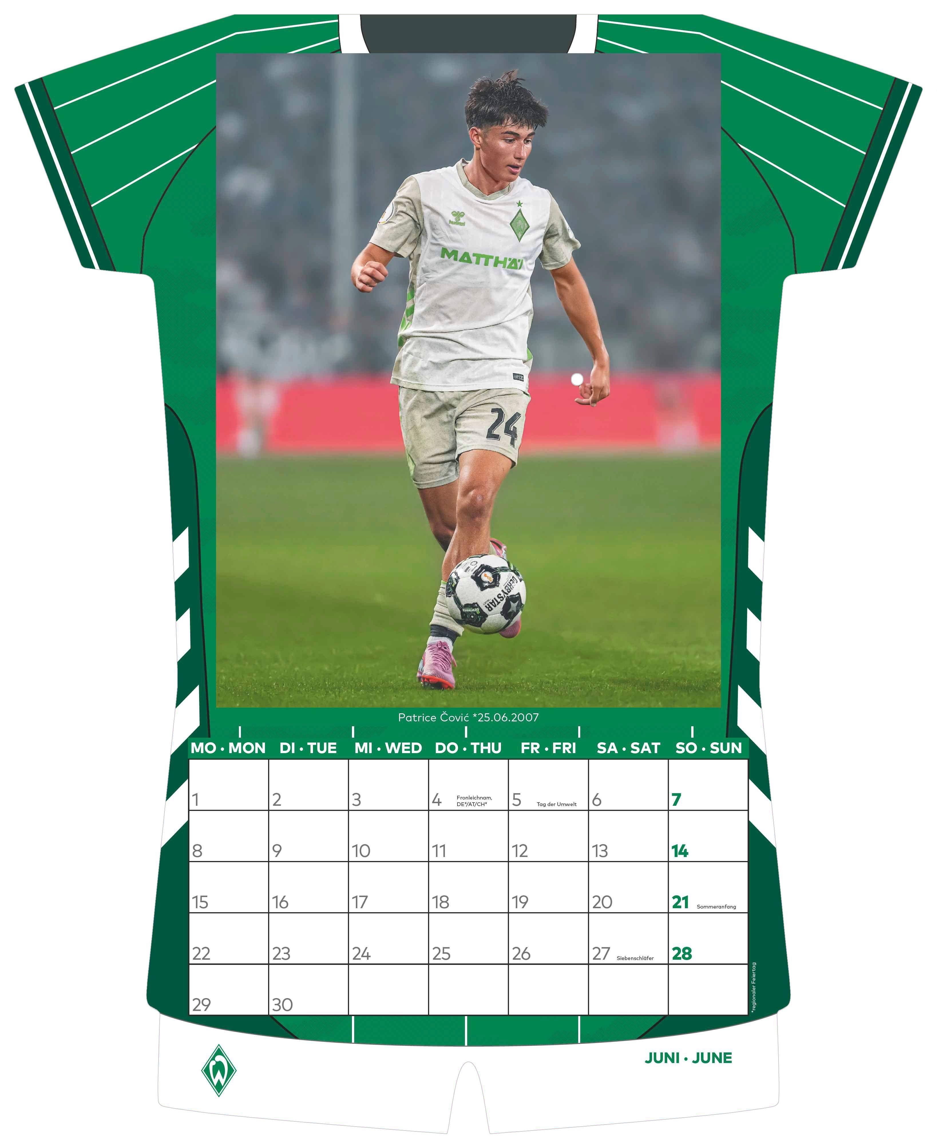 Beispielinhalt (Bild) Werder Bremen 2026 - Trikotkalender - Fan-Kalender - Fußball-Kalender - 34,1x42 - Sport