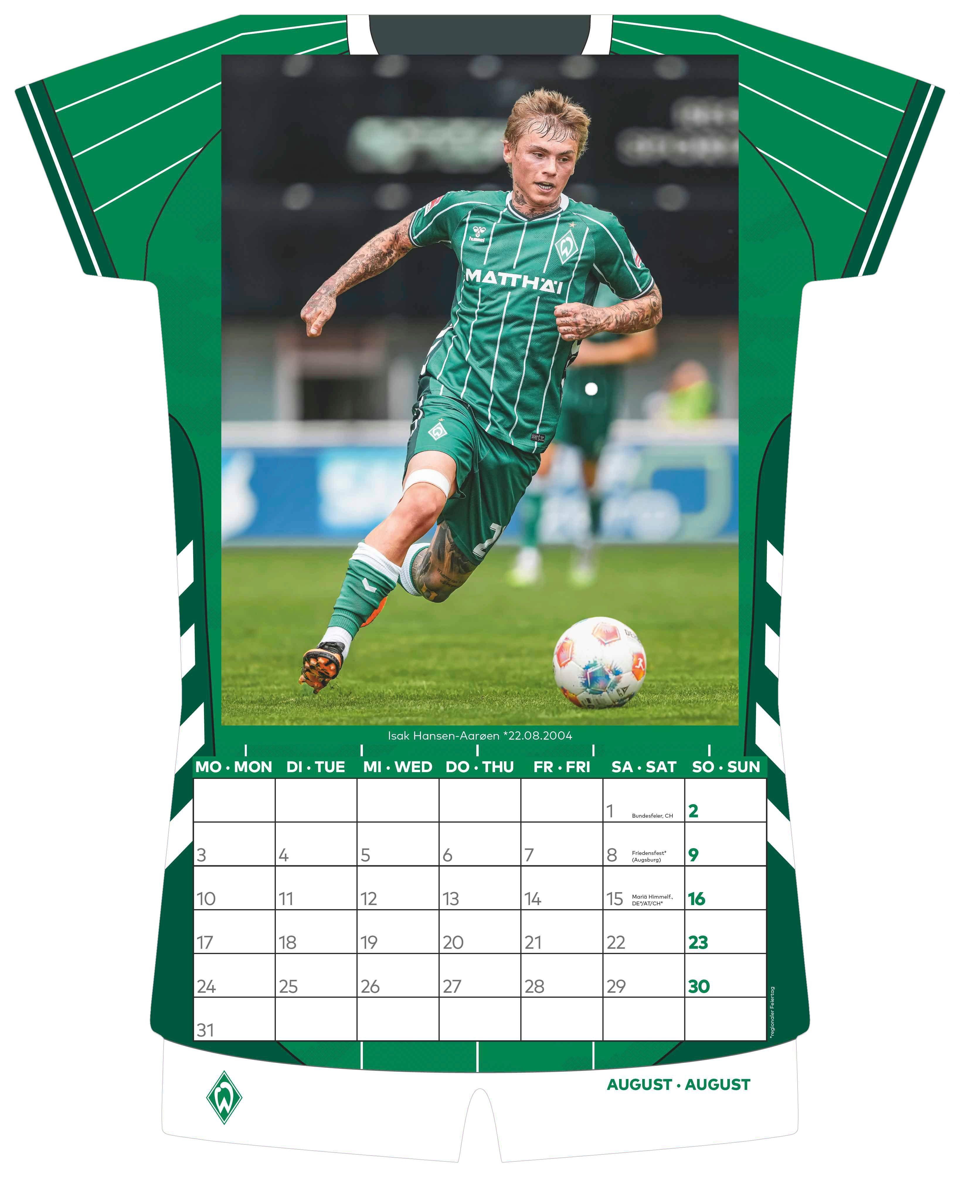 Beispielinhalt (Bild) Werder Bremen 2026 - Trikotkalender - Fan-Kalender - Fußball-Kalender - 34,1x42 - Sport
