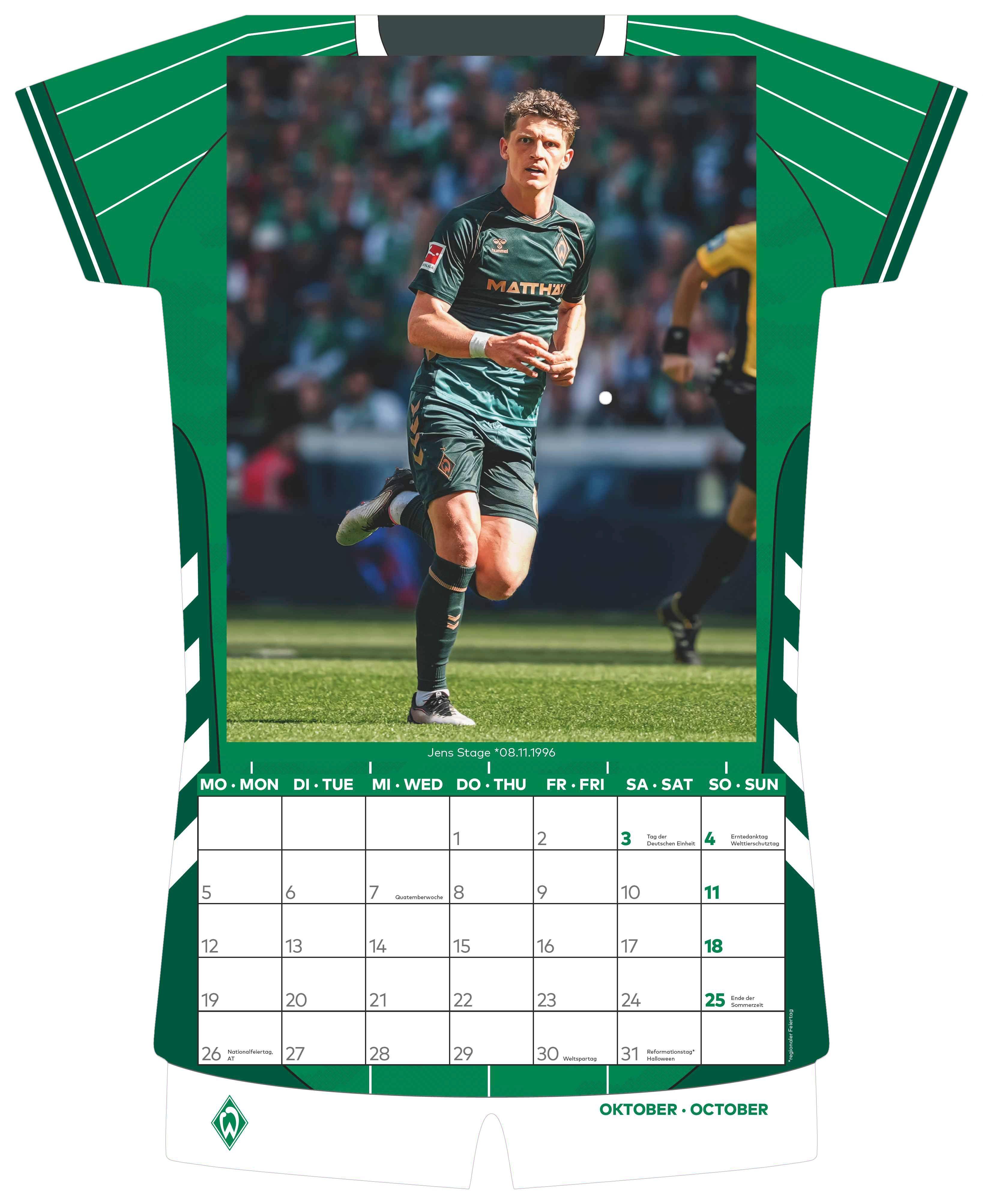 Beispielinhalt (Bild) Werder Bremen 2026 - Trikotkalender - Fan-Kalender - Fußball-Kalender - 34,1x42 - Sport