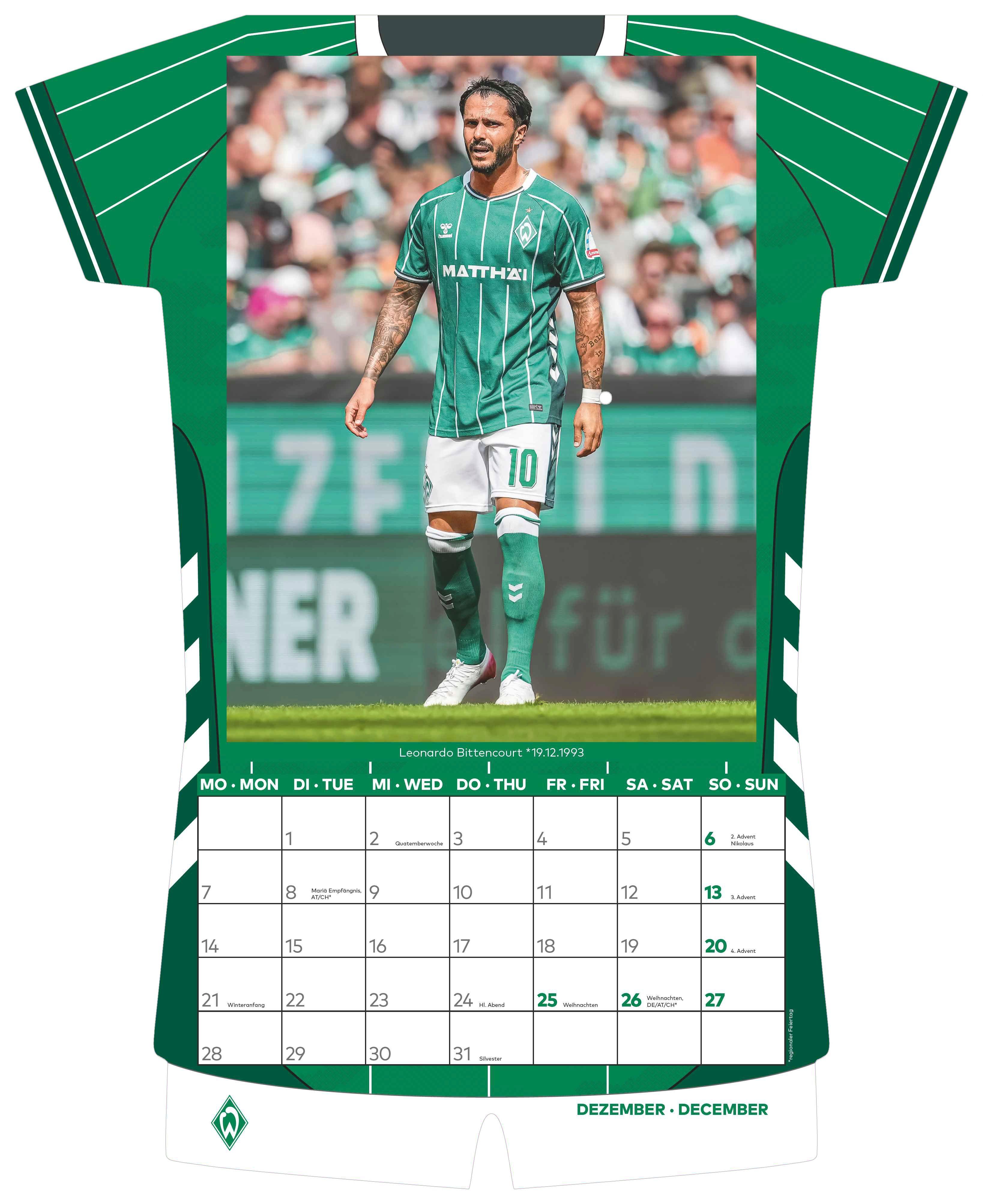 Beispielinhalt (Bild) Werder Bremen 2026 - Trikotkalender - Fan-Kalender - Fußball-Kalender - 34,1x42 - Sport