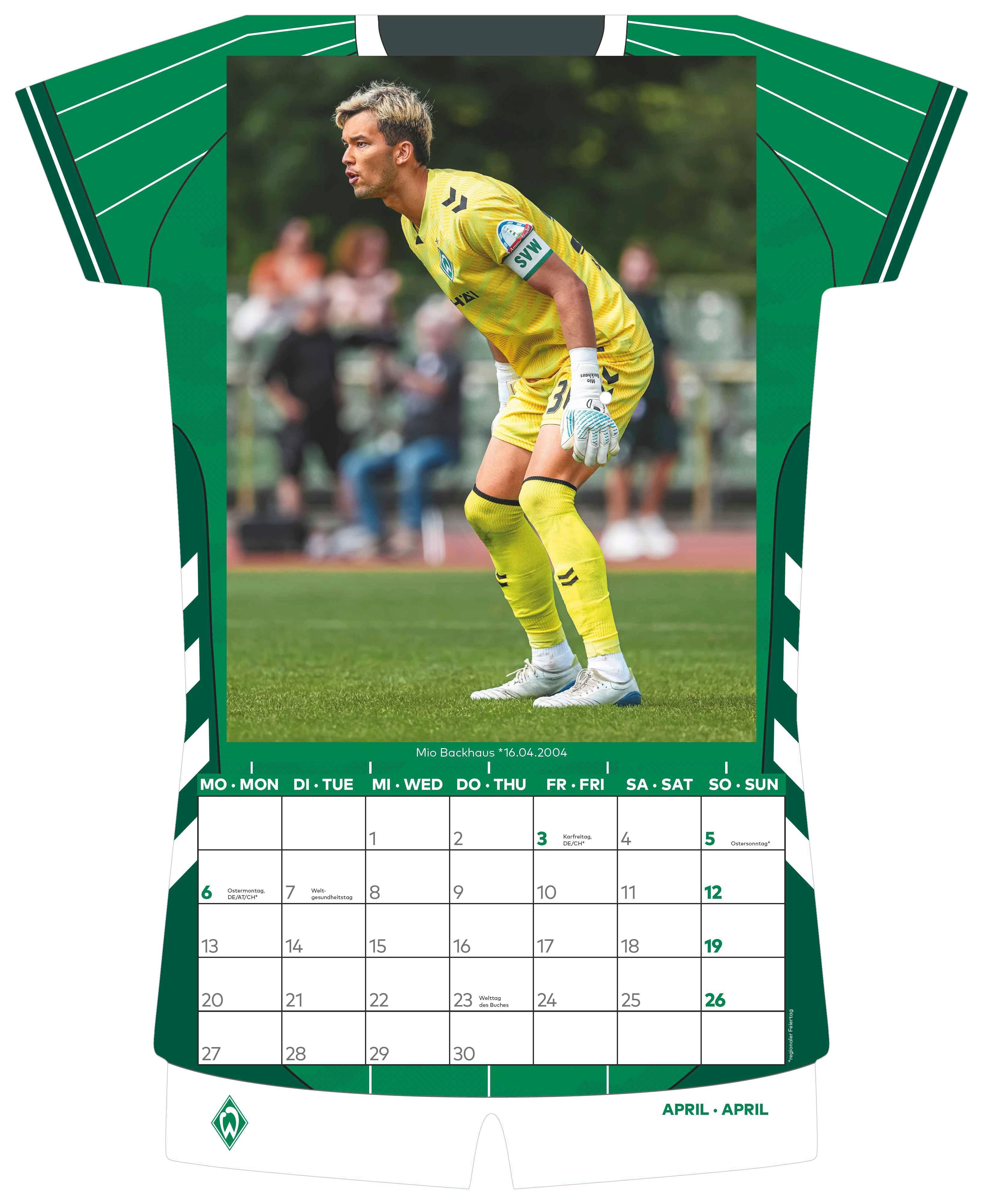 Beispielinhalt (Bild) Werder Bremen 2026 - Trikotkalender - Fan-Kalender - Fußball-Kalender - 34,1x42 - Sport