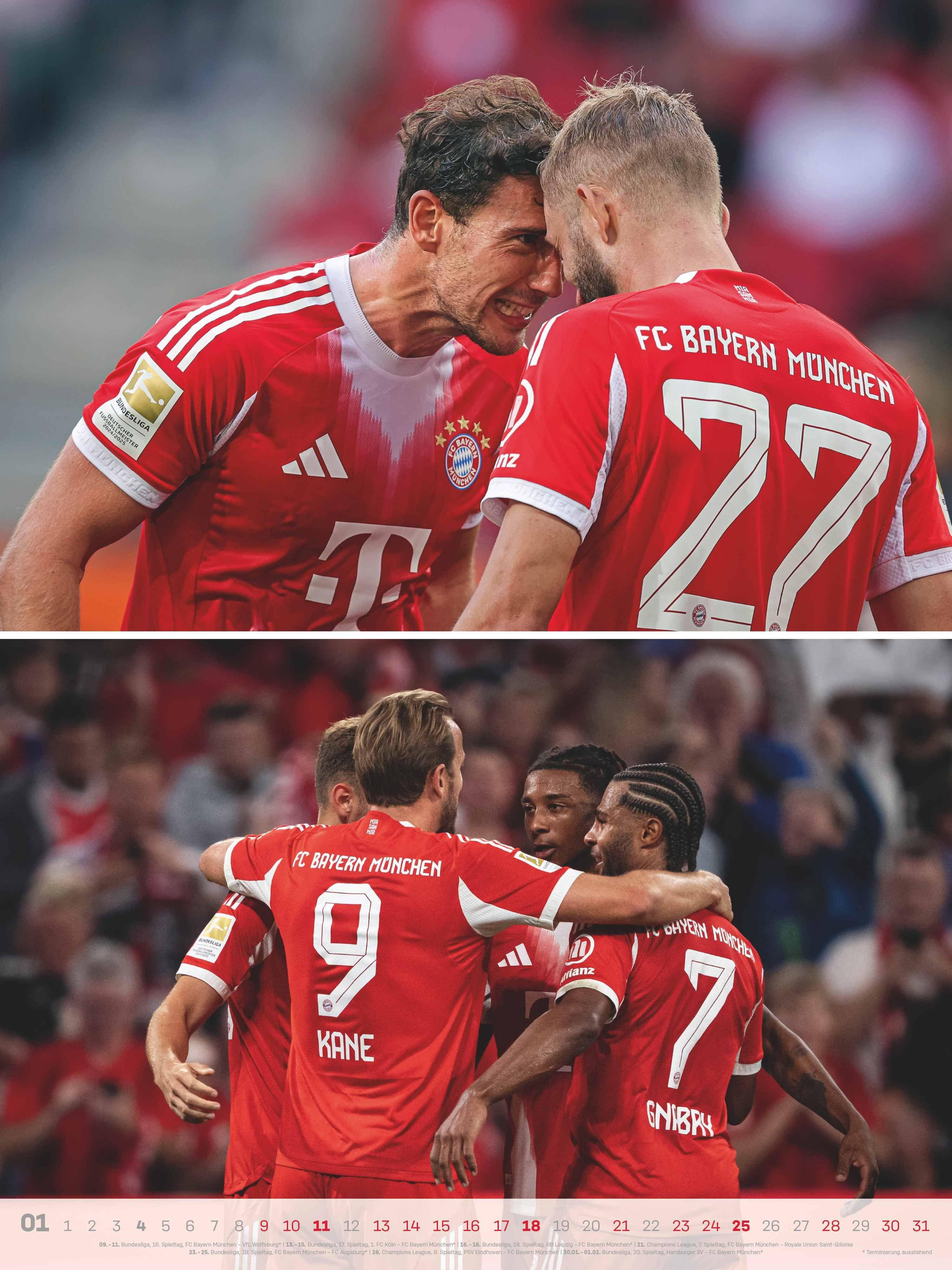 Beispielinhalt (Bild) N NEUMANNVERLAGE - FC Bayern München 2026 Posterkalender, 48x64cm, Fußball-Kalender mit Motiven der Stars, Fan-Kalender mit Fußball-Highlights, Spiralbindung und internationales Kalendarium