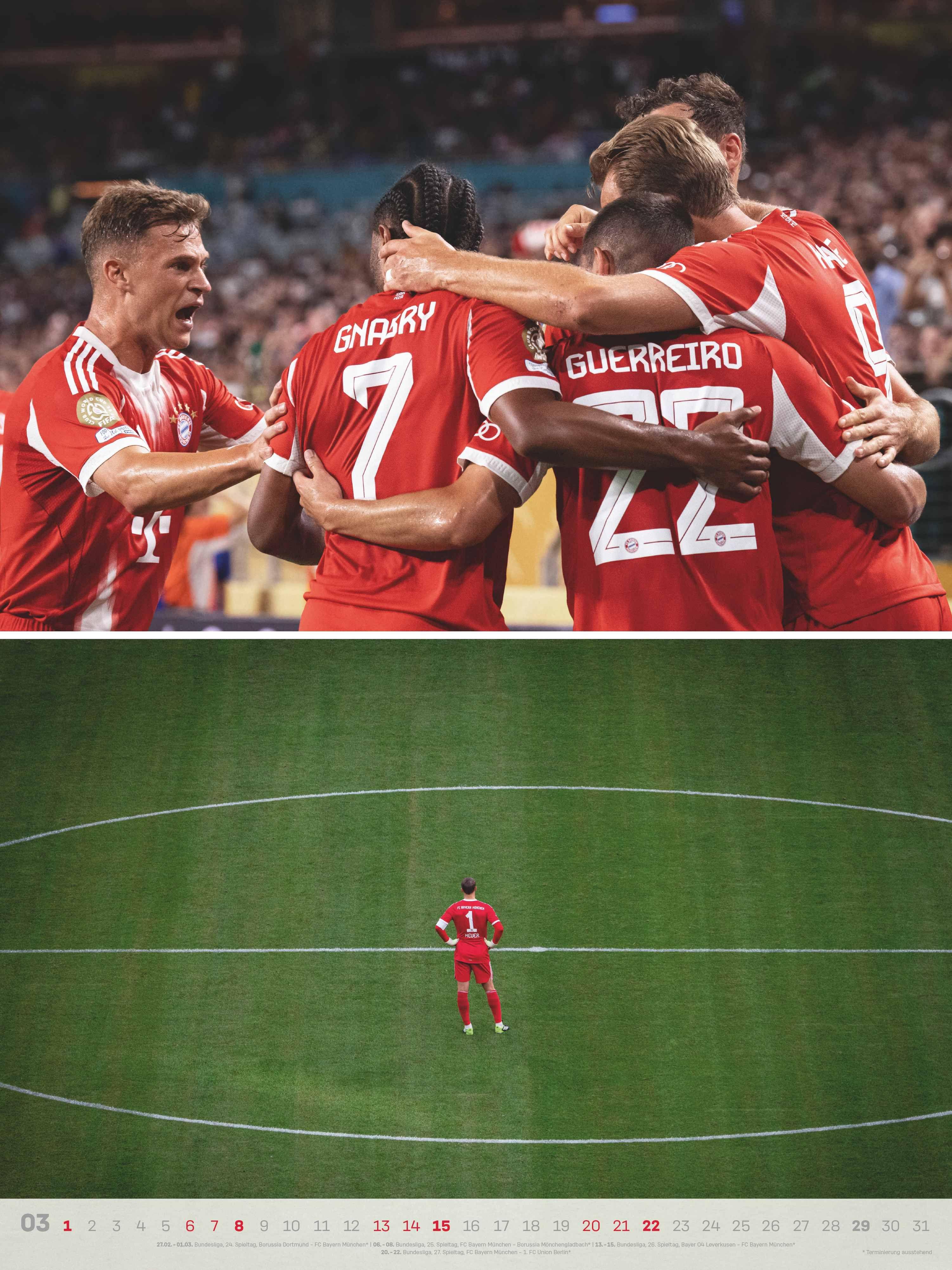 Beispielinhalt (Bild) N NEUMANNVERLAGE - FC Bayern München 2026 Posterkalender, 48x64cm, Fußball-Kalender mit Motiven der Stars, Fan-Kalender mit Fußball-Highlights, Spiralbindung und internationales Kalendarium