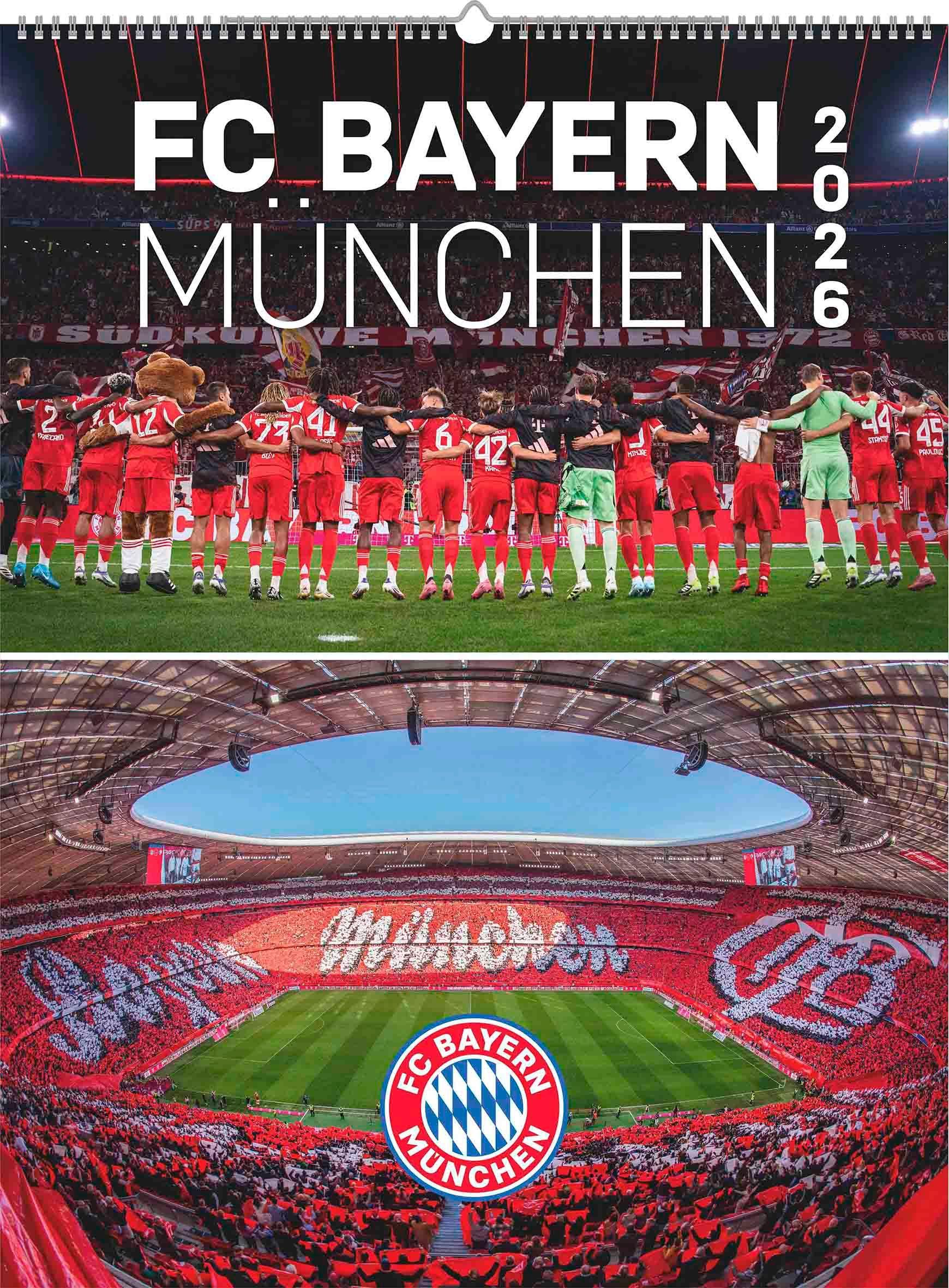 Vorderes Coverbild N NEUMANNVERLAGE - FC Bayern München 2026 Posterkalender, 48x64cm, Fußball-Kalender mit Motiven der Stars, Fan-Kalender mit Fußball-Highlights, Spiralbindung und internationales Kalendarium