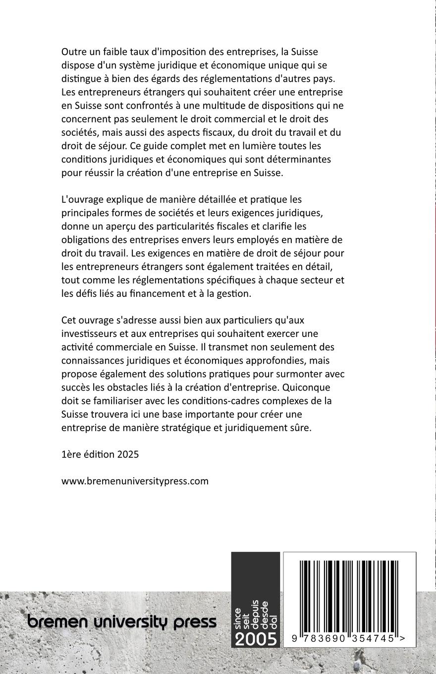 Rückseitencover Création d'entreprise en Suisse par des ressortissants étrangers