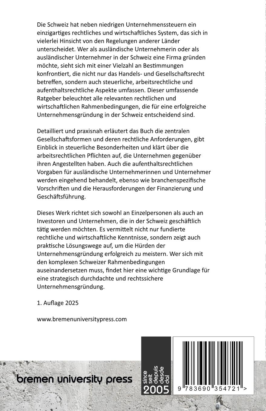 Rückseitencover Unternehmensgründung in der Schweiz durch ausländische Staatsangehörige
