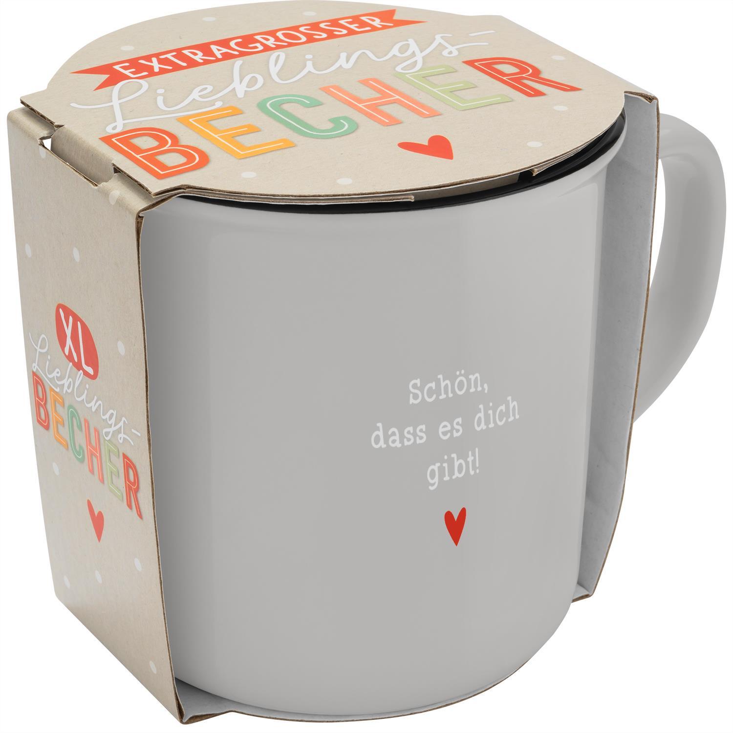 Beispielinhalt (Bild) XL-Becher in Emailleoptik mit Motivdruck "Schön, dass es dich gibt"