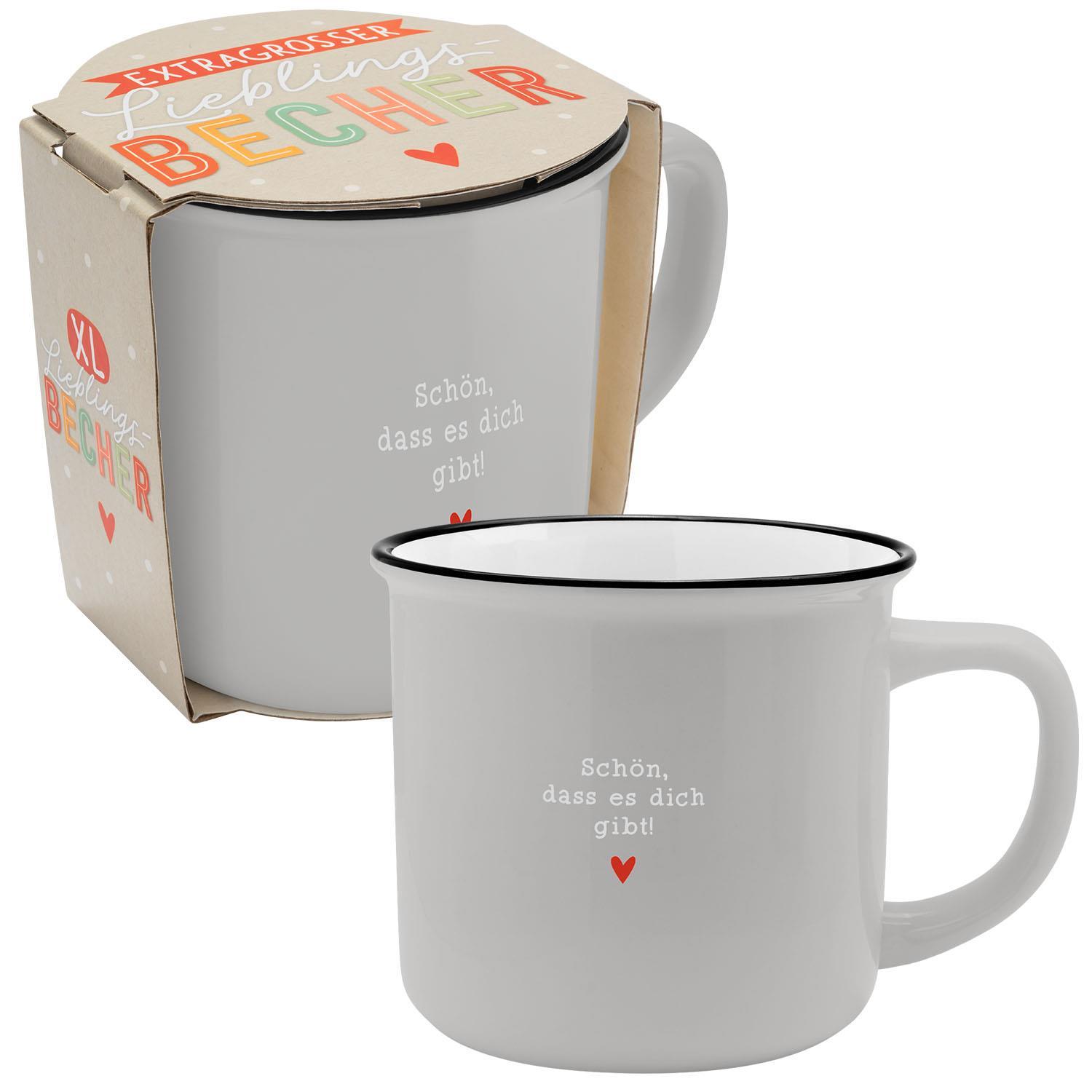 Vorderes Coverbild XL-Becher in Emailleoptik mit Motivdruck "Schön, dass es dich gibt"