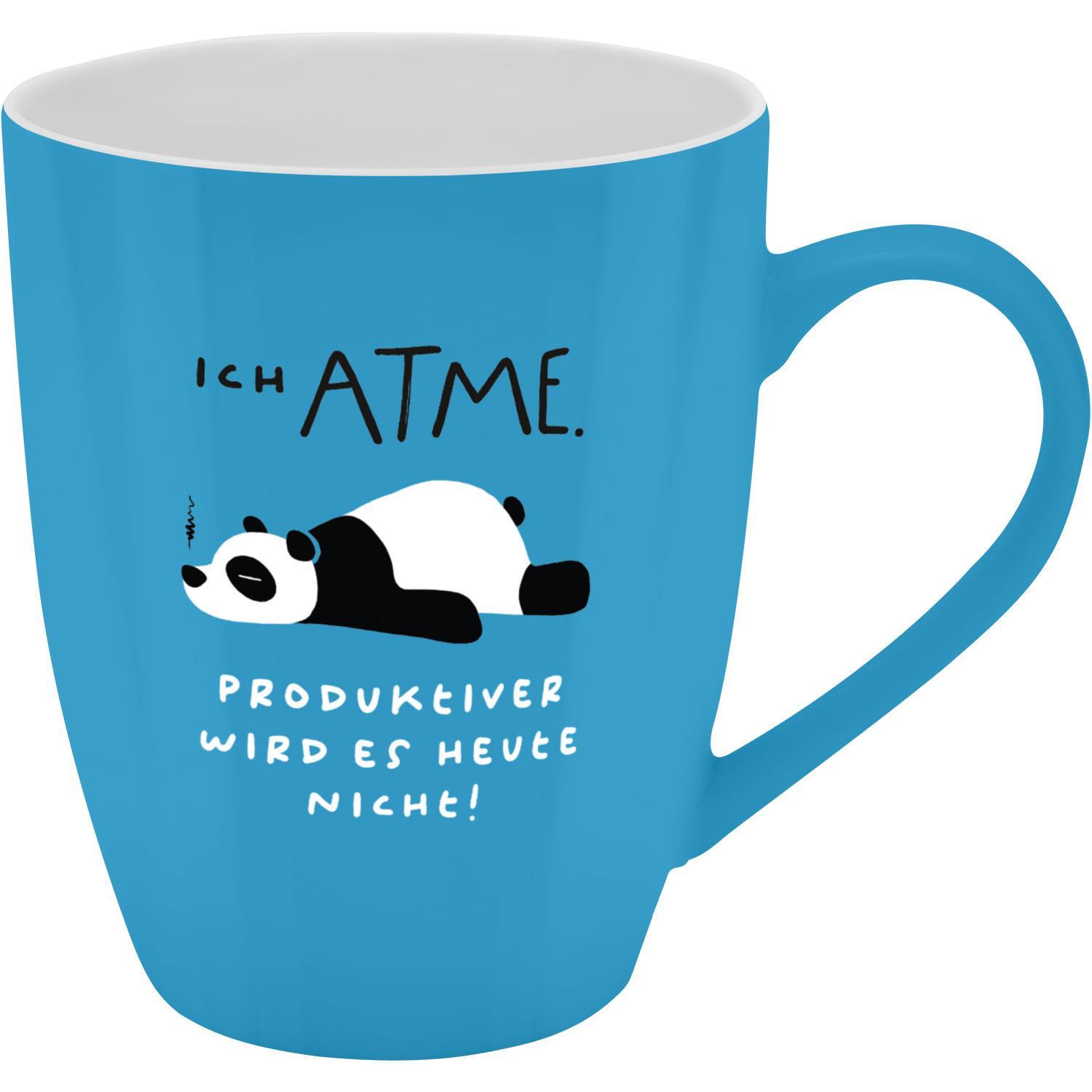 Beispielinhalt (Bild) Tasse mit Motivdruck "Ich atme. Produktiver wird es heute nicht!", mit Banderole