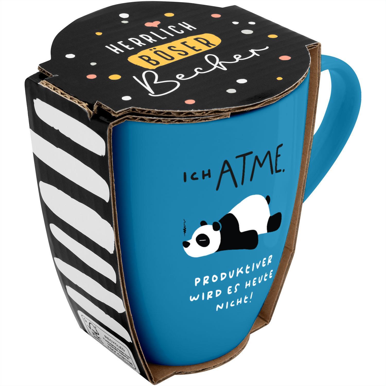 Vorderes Coverbild Tasse mit Motivdruck "Ich atme. Produktiver wird es heute nicht!", mit Banderole