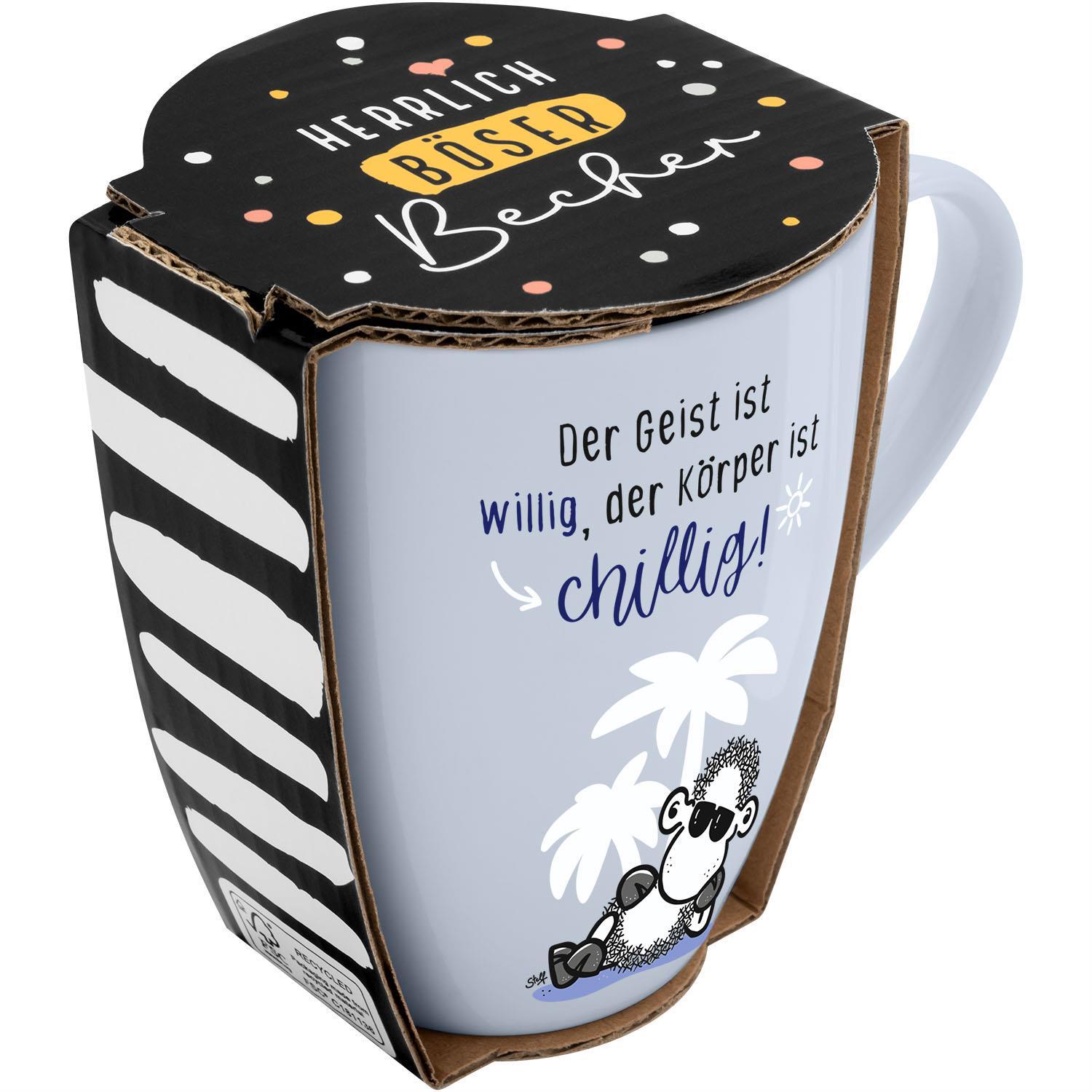 Vorderes Coverbild Tasse mit Motivdruck "Der Geist ist willig, der Körper ist chillig!", mit Banderole