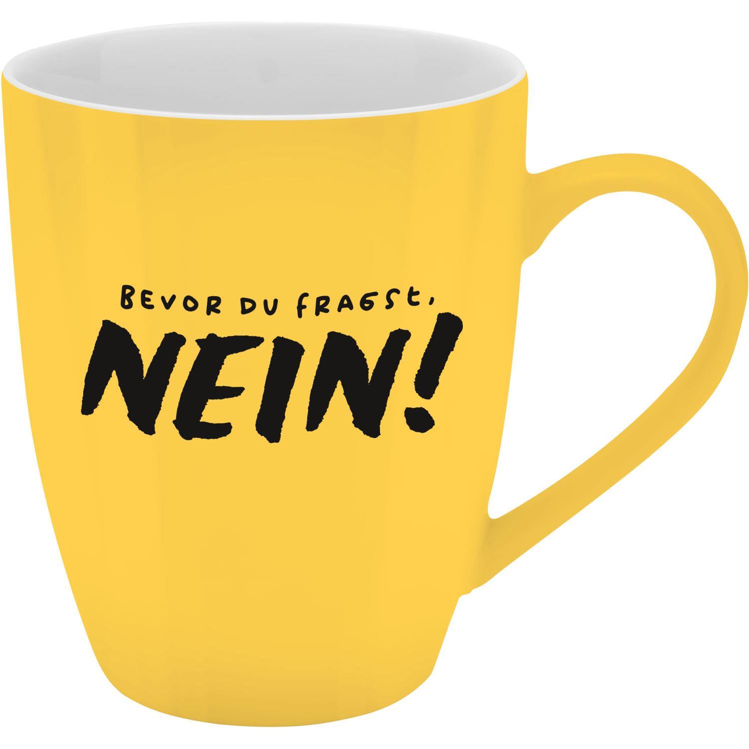 Beispielinhalt (Bild) Tasse mit Motivdruck "Bevor du fragst. NEIN!", mit Banderole