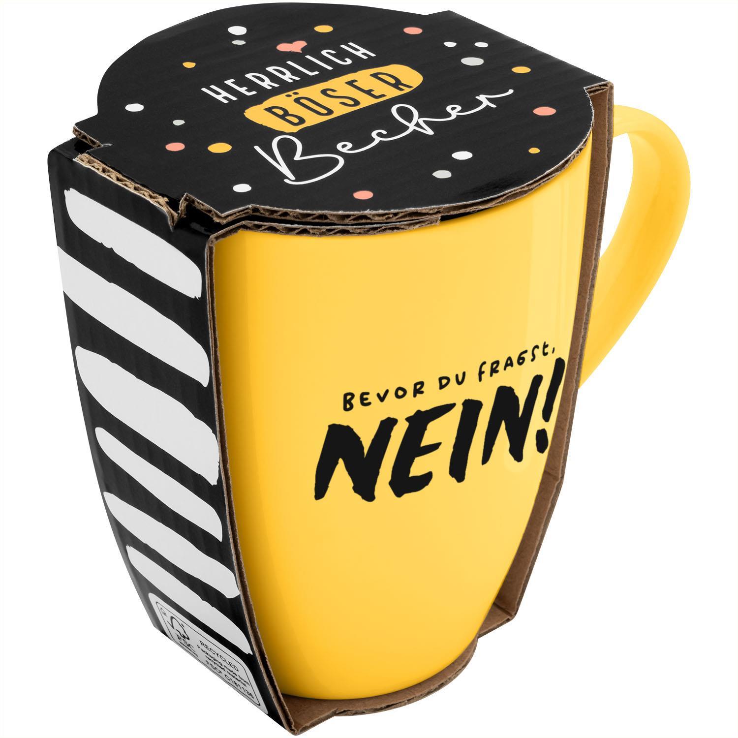 Vorderes Coverbild Tasse mit Motivdruck "Bevor du fragst. NEIN!", mit Banderole