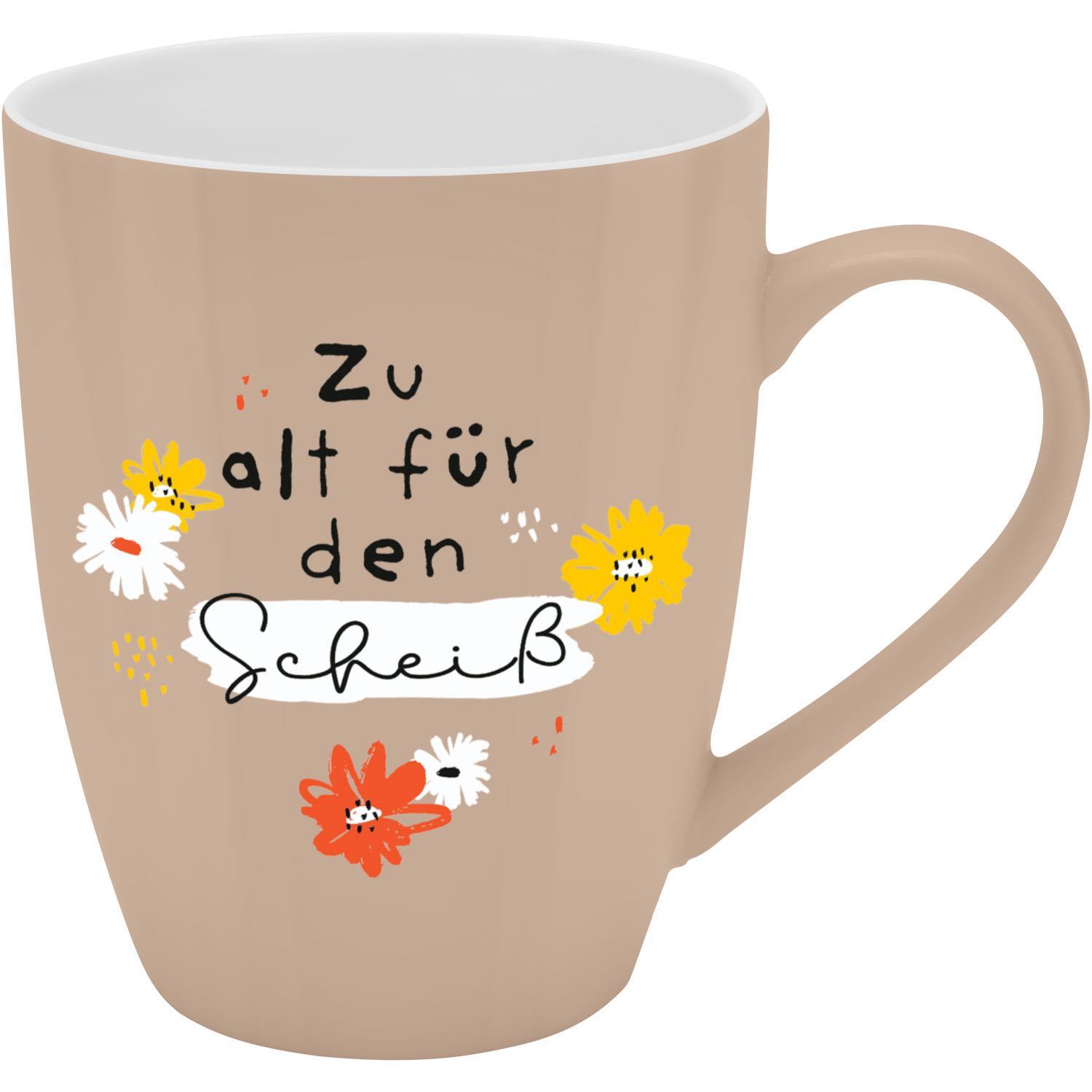 Beispielinhalt (Bild) Tasse mit Motivdruck "Zu alt für den Scheiß", mit Banderole