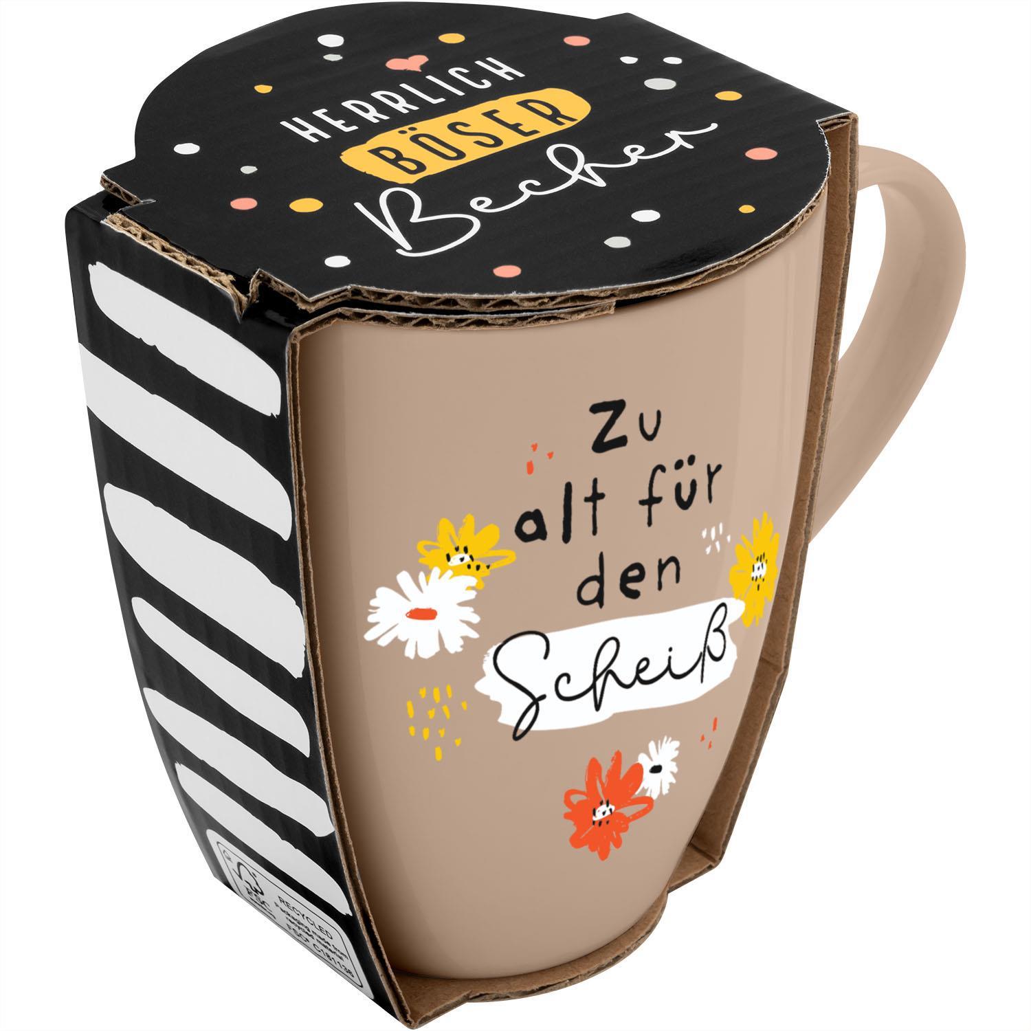 Vorderes Coverbild Tasse mit Motivdruck "Zu alt für den Scheiß", mit Banderole