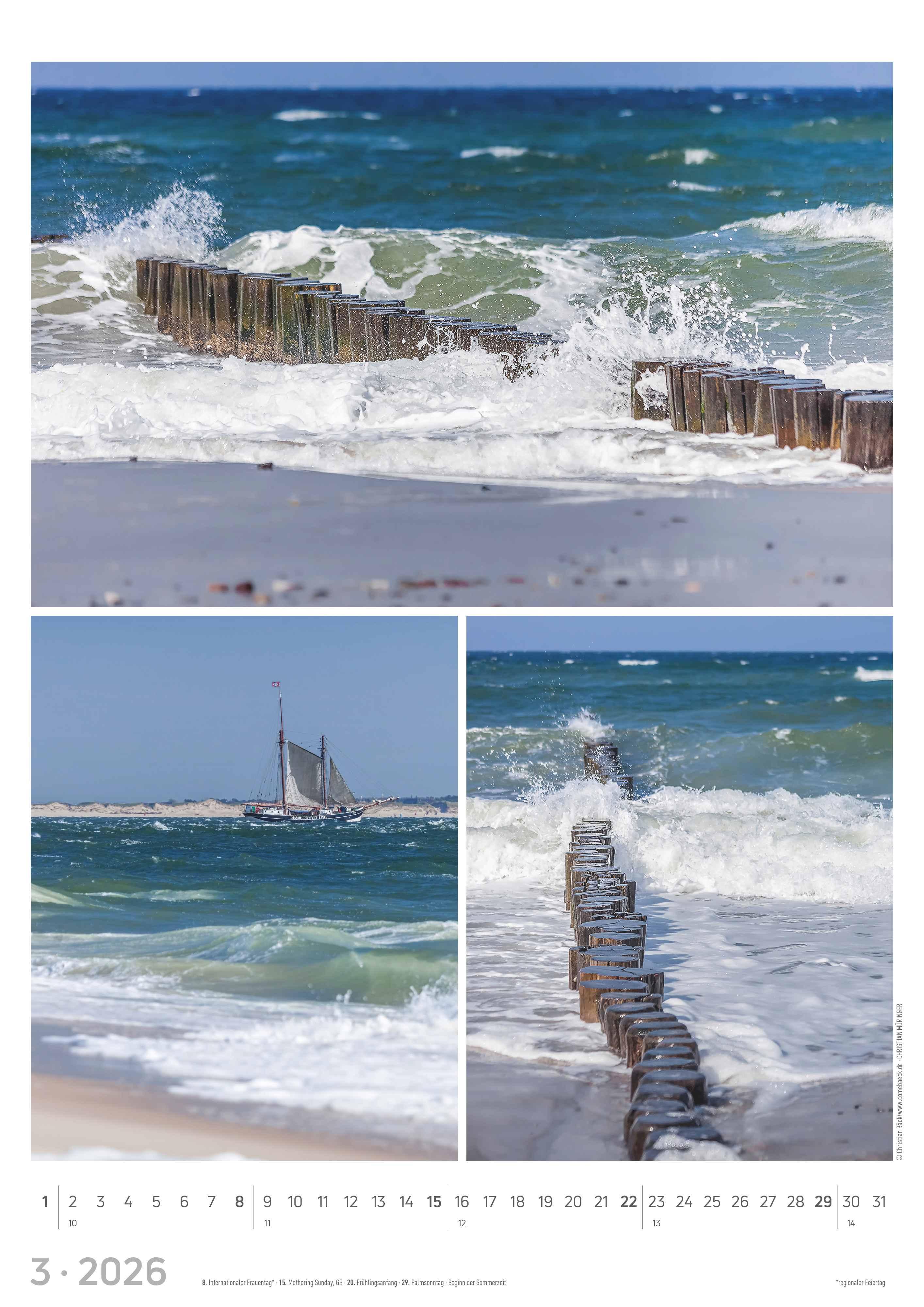 Beispielinhalt (Bild) Strandgeflüster - Momente am Meer 2026 - Bildkalender A3 (29,7x42 cm) - mit Feiertagen - Triplets - drei Bilder pro Monat - Naturkalender - Wandplaner - Wandkalender
