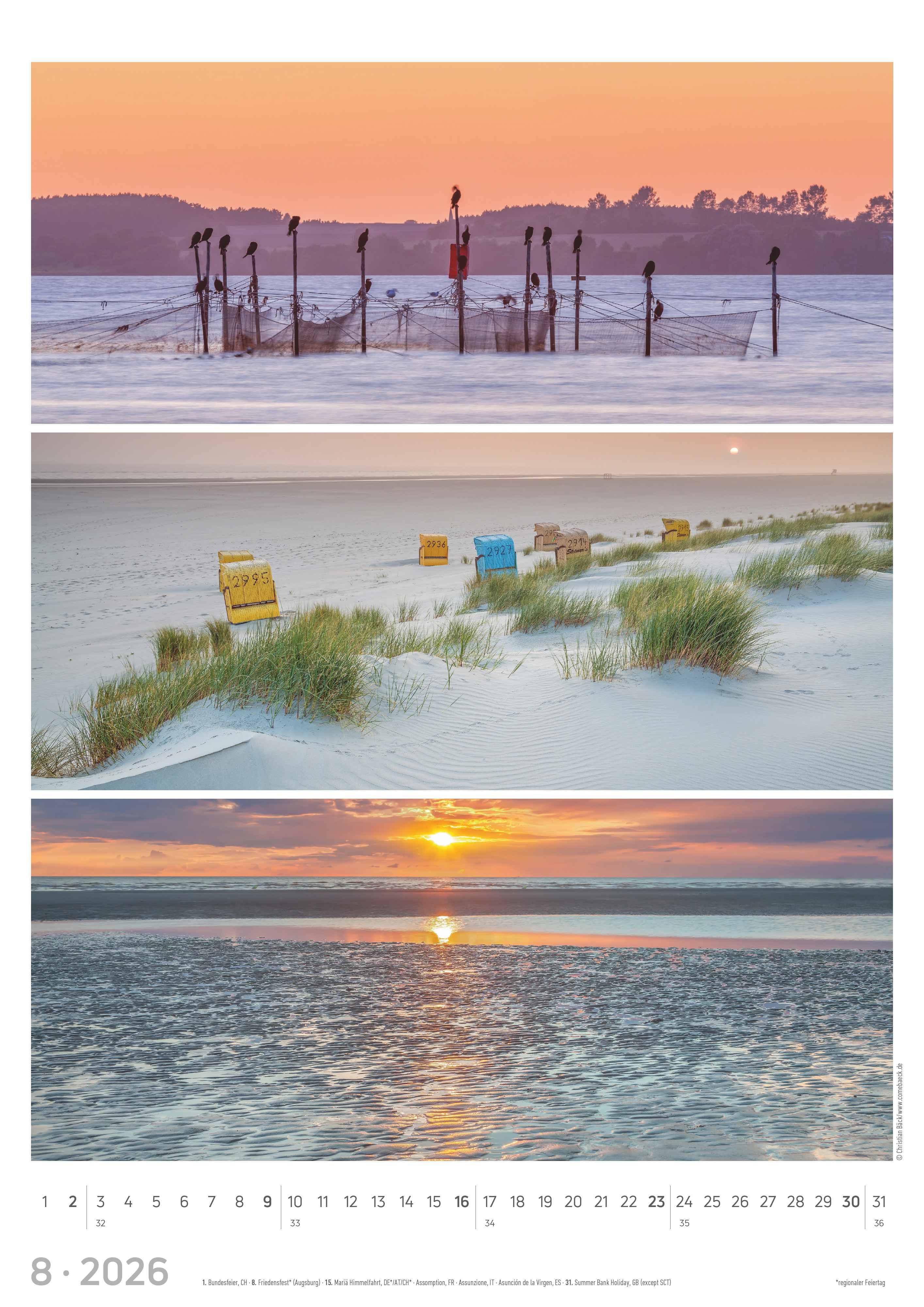 Beispielinhalt (Bild) Strandgeflüster - Momente am Meer 2026 - Bildkalender A3 (29,7x42 cm) - mit Feiertagen - Triplets - drei Bilder pro Monat - Naturkalender - Wandplaner - Wandkalender