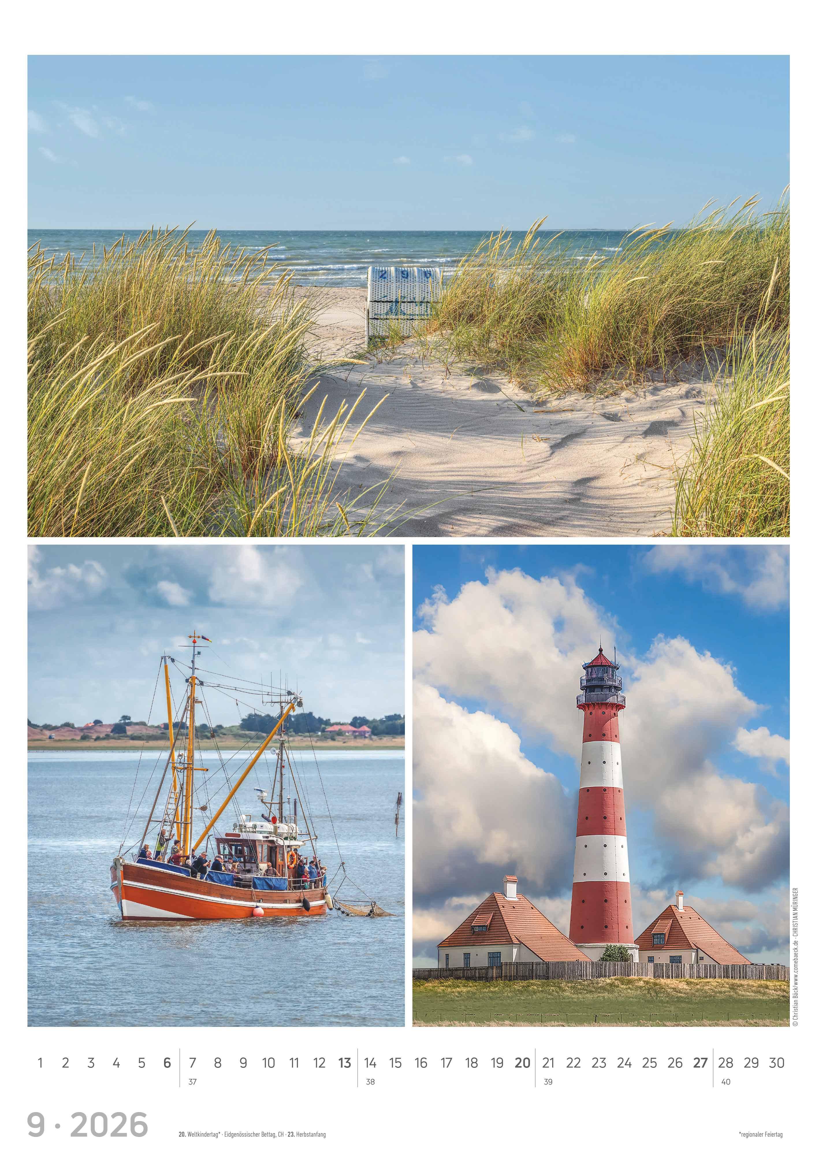 Beispielinhalt (Bild) Strandgeflüster - Momente am Meer 2026 - Bildkalender A3 (29,7x42 cm) - mit Feiertagen - Triplets - drei Bilder pro Monat - Naturkalender - Wandplaner - Wandkalender