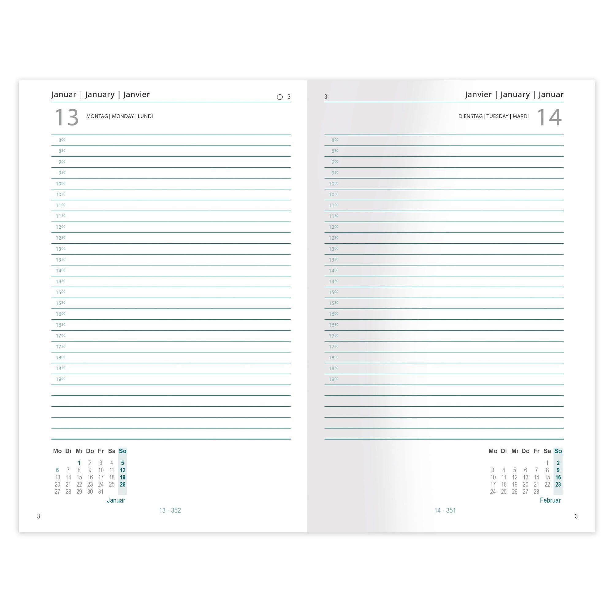 Beispielinhalt (Bild) Buchkalender-Set: Buchkalender & Wochenplaner 2026 grün/flieder