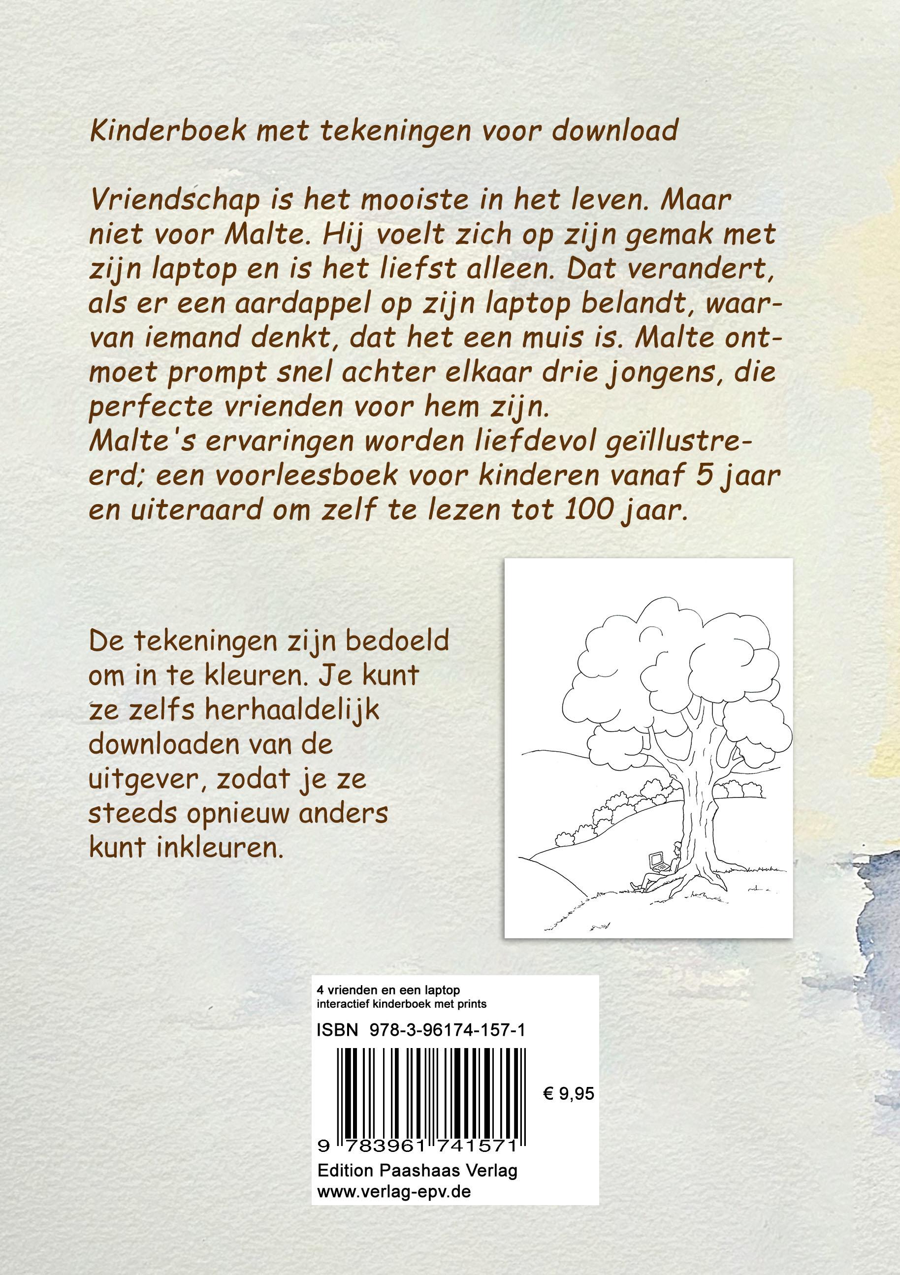 Rückseitencover 4 vrienden en een laptop