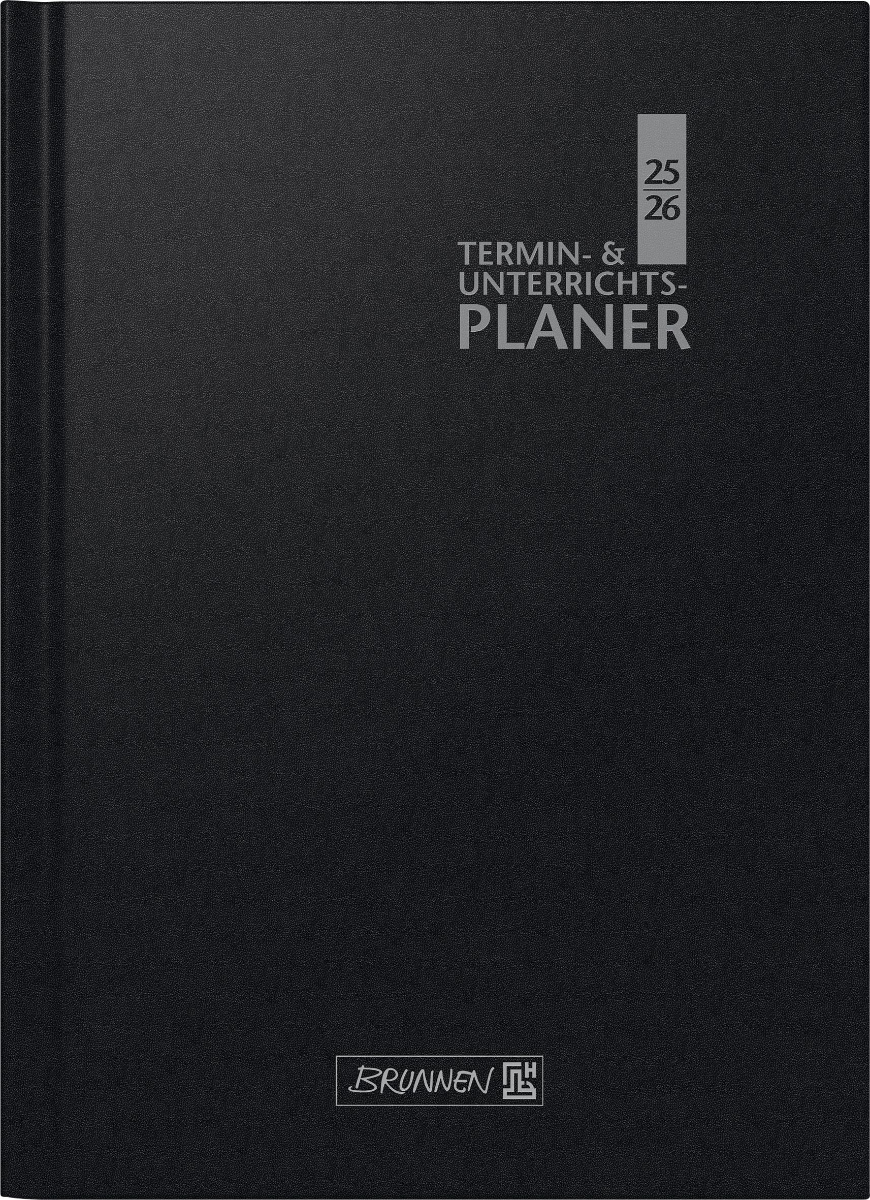 Vorderes Coverbild BRUNNEN Termin- & Unterrichtsplaner (2025/2026), 2 Seiten = 1 Woche, A4, 224 Seiten, Kunststoff-Einband Baladek, schwarz
