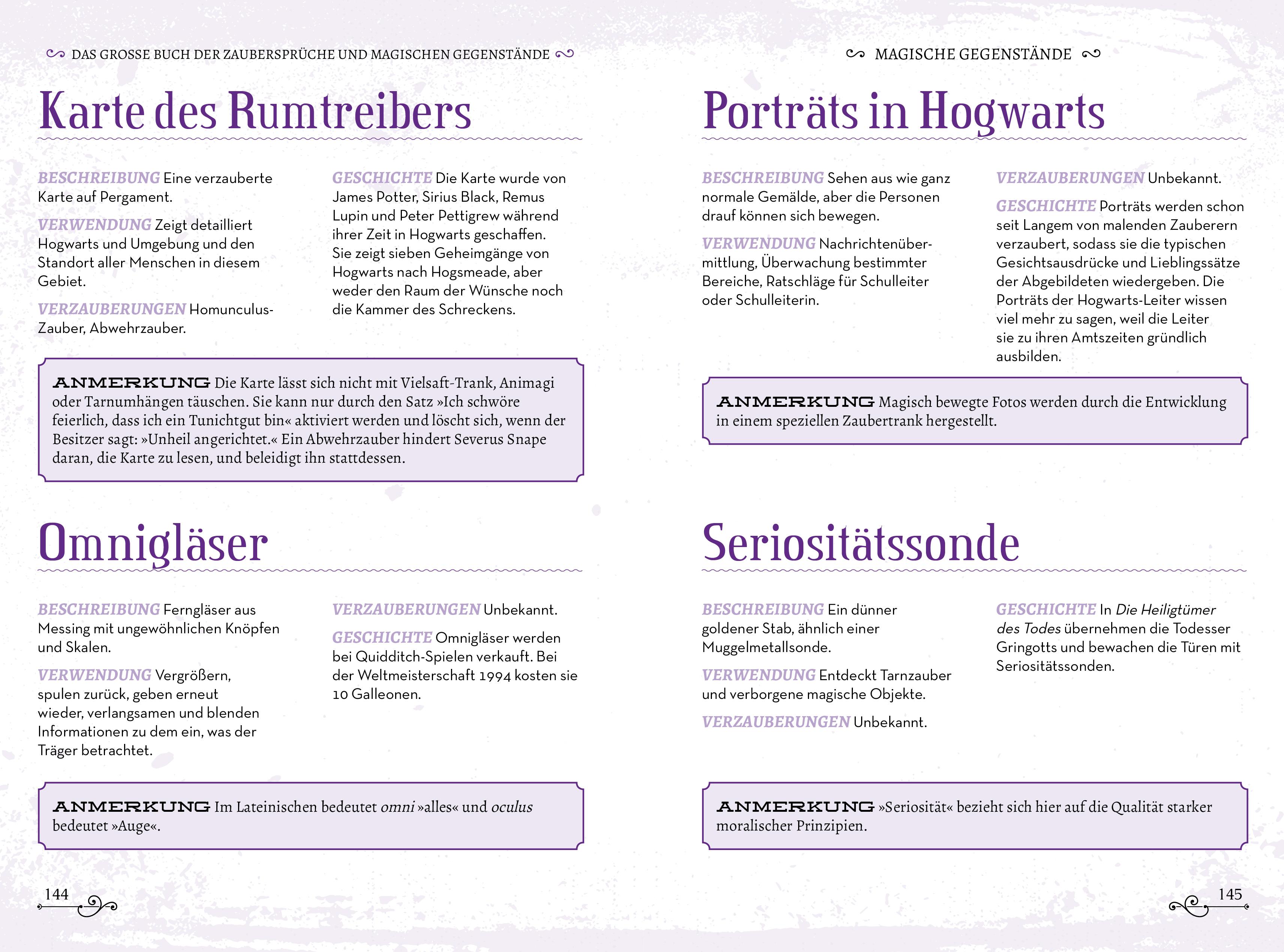 Beispielinhalt (Bild) Das große Buch der Zaubersprüche und magischen Gegenstände für Potter-Fans