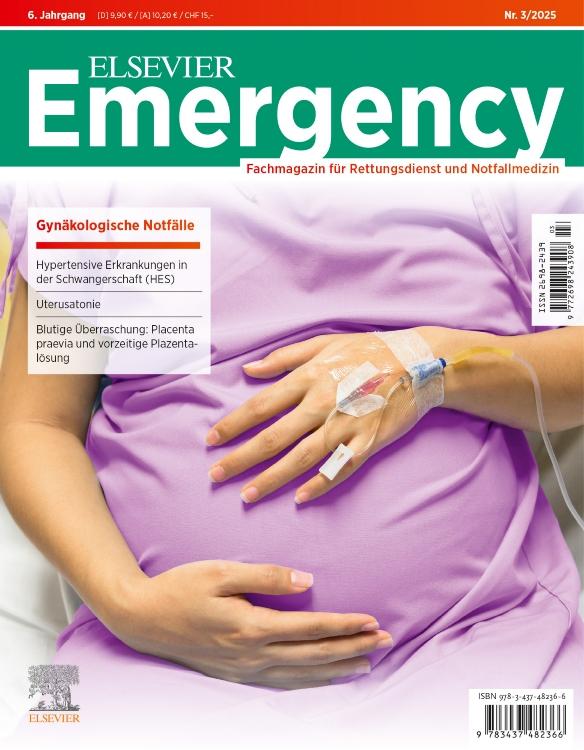 Vorderes Coverbild ELSEVIER Emergency.  Gynäkologische Notfälle. 3/2025: Fachmagazin für Rettungsdienst und Notfallmedizin