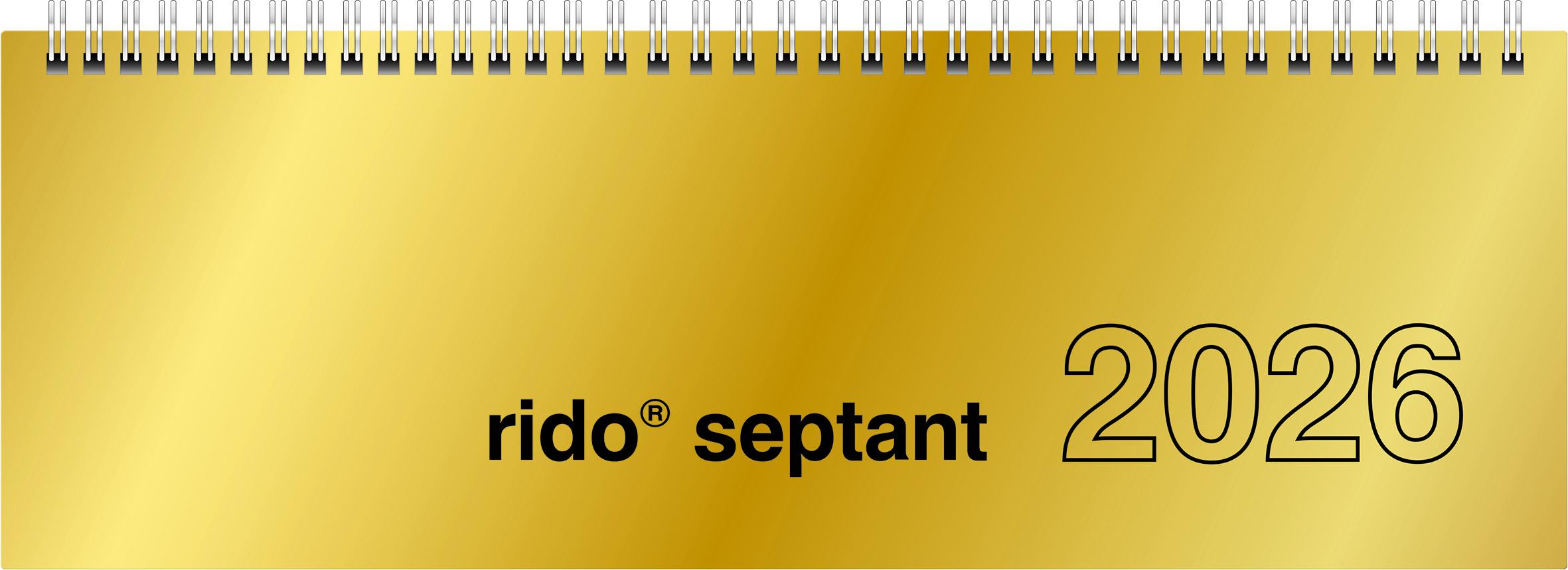 Vorderes Coverbild rido/idé 7036121916 | Querterminbuch Mod. septant 2026 | 305×105 mm, Karton, goldfarben