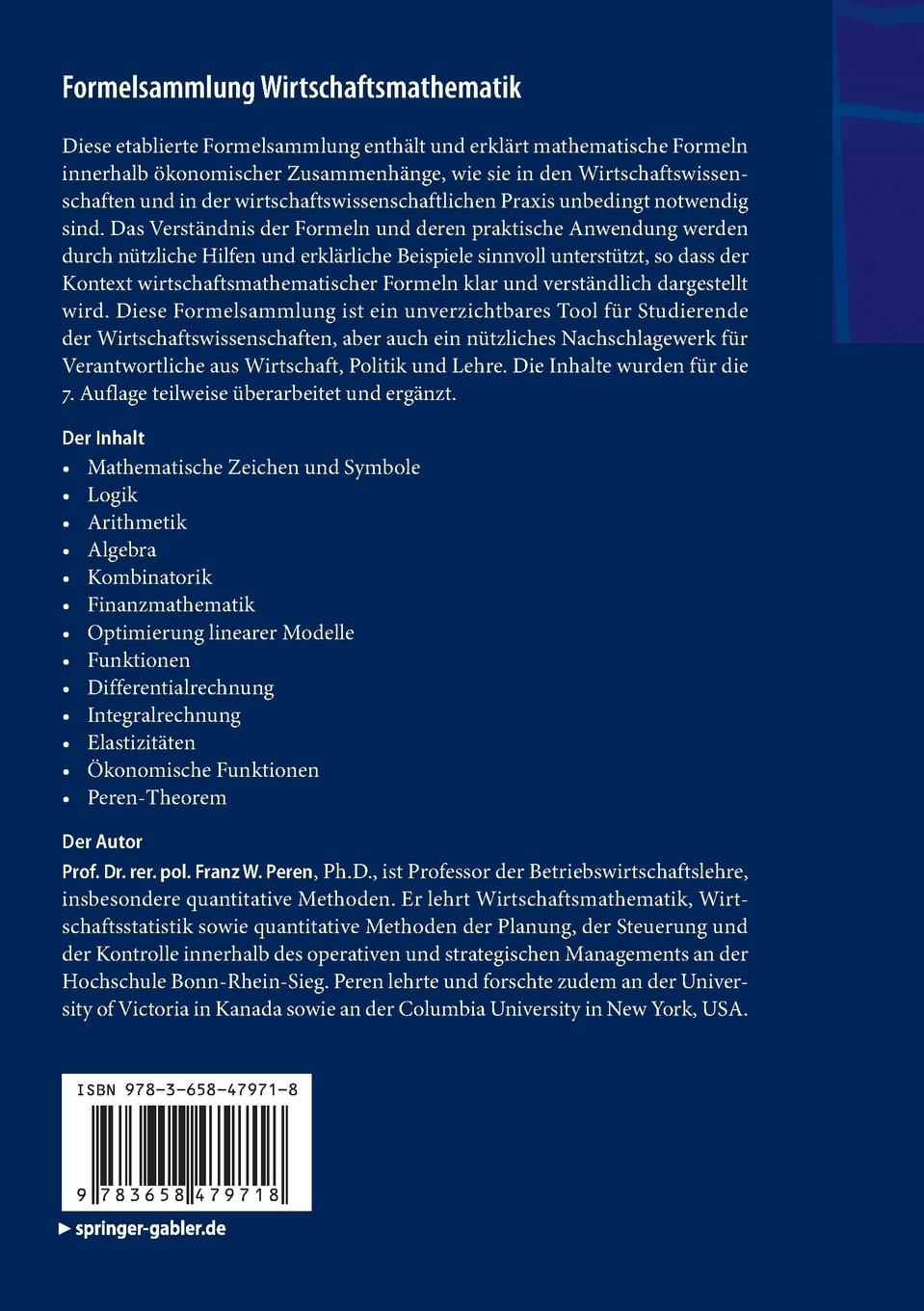 Rückseitencover Formelsammlung Wirtschaftsmathematik