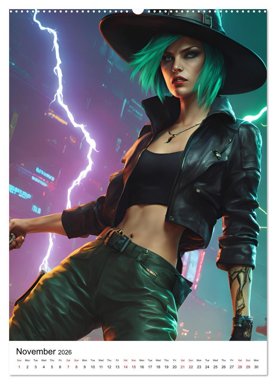 Beispielinhalt (Bild) The Witches of Cyberpunk City (Wall Calendar 2026 DIN A2 portrait), CALVENDO 12 Month Wall Calendar