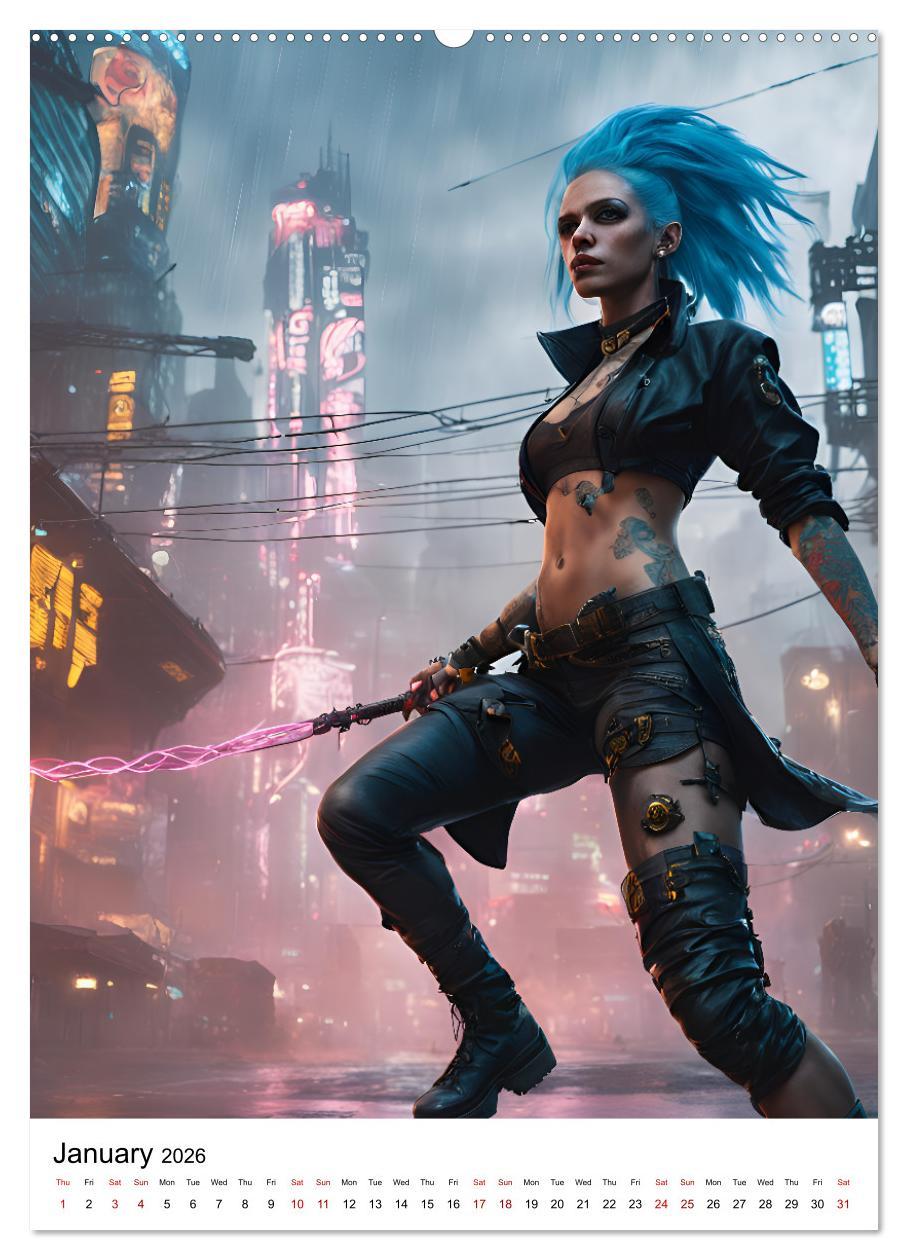 Beispielinhalt (Bild) The Witches of Cyberpunk City (Wall Calendar 2026 DIN A2 portrait), CALVENDO 12 Month Wall Calendar