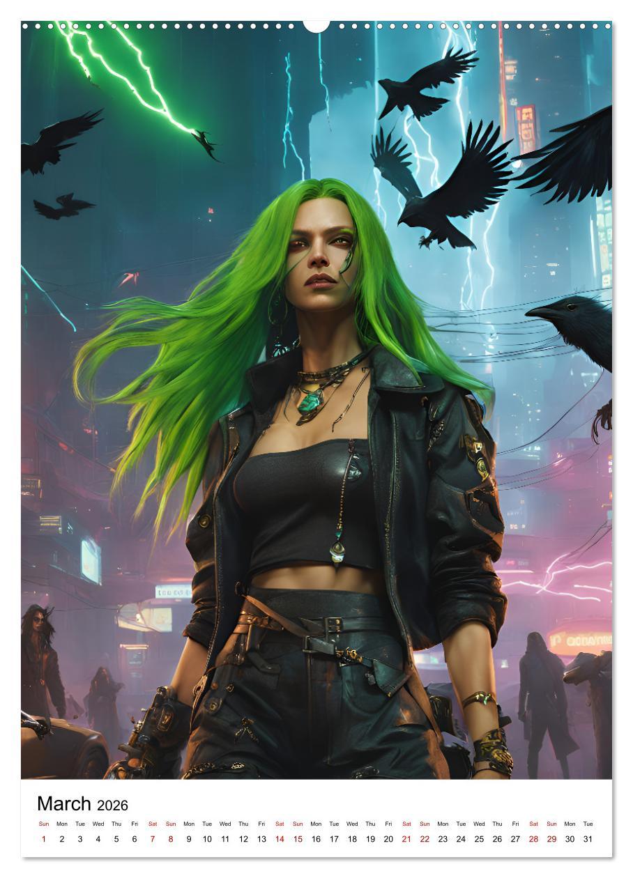 Beispielinhalt (Bild) The Witches of Cyberpunk City (Wall Calendar 2026 DIN A2 portrait), CALVENDO 12 Month Wall Calendar