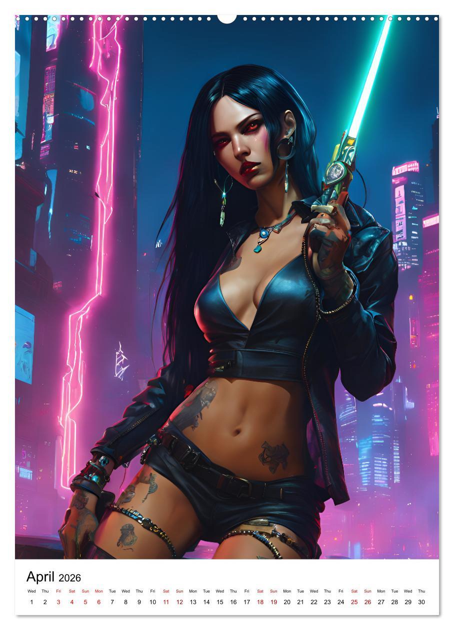 Beispielinhalt (Bild) The Witches of Cyberpunk City (Wall Calendar 2026 DIN A2 portrait), CALVENDO 12 Month Wall Calendar