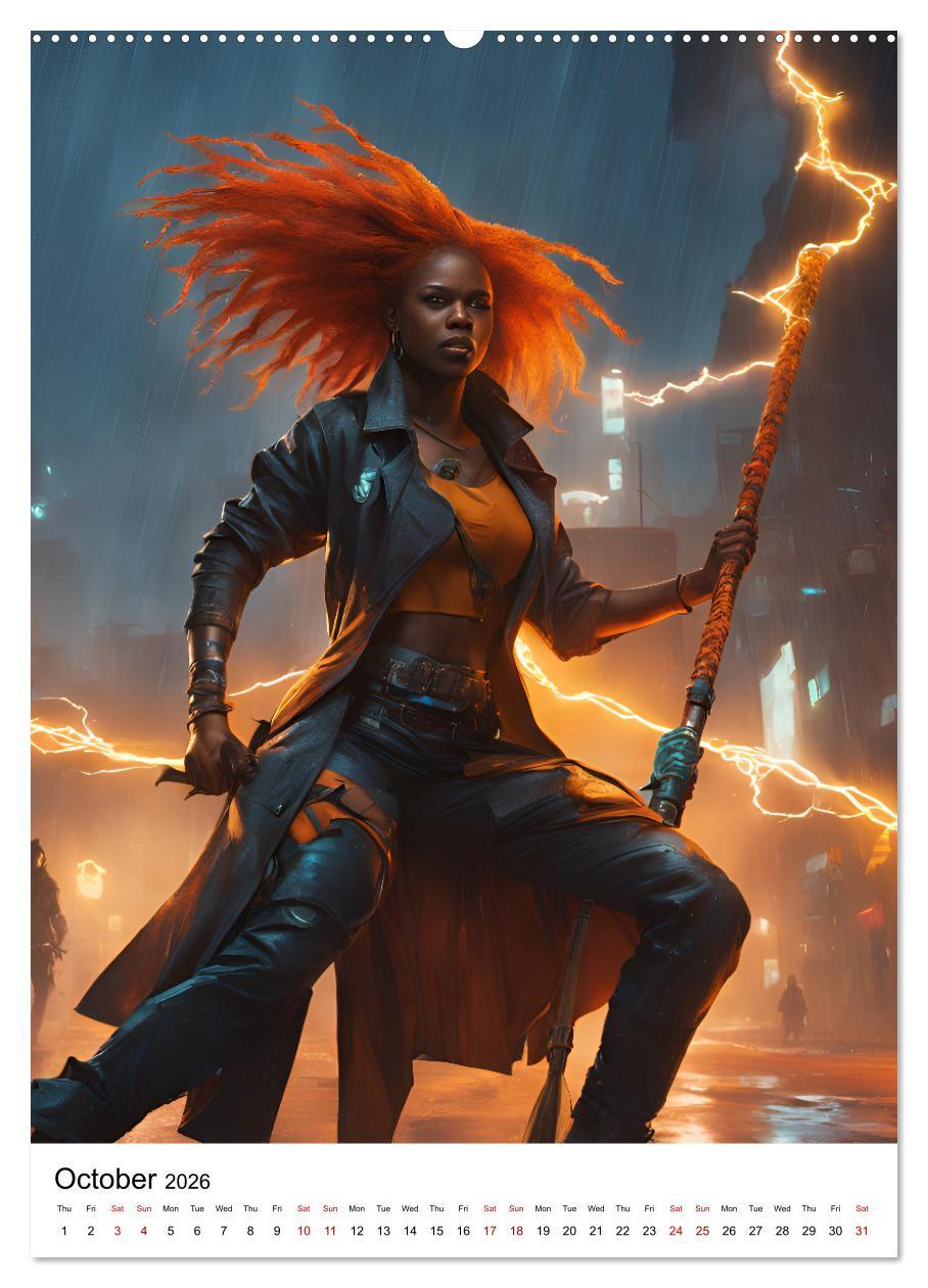 Beispielinhalt (Bild) The Witches of Cyberpunk City (Wall Calendar 2026 DIN A2 portrait), CALVENDO 12 Month Wall Calendar