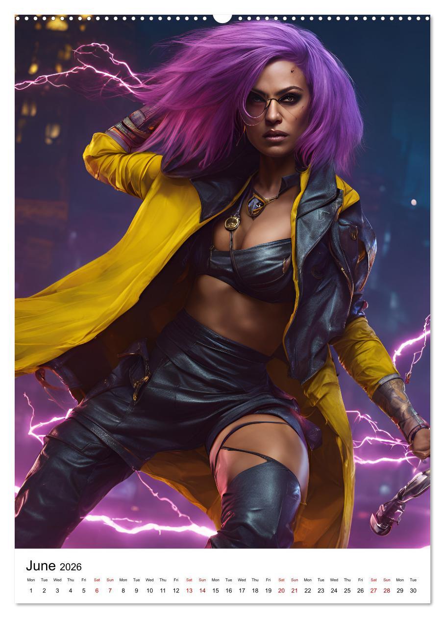 Beispielinhalt (Bild) The Witches of Cyberpunk City (Wall Calendar 2026 DIN A2 portrait), CALVENDO 12 Month Wall Calendar